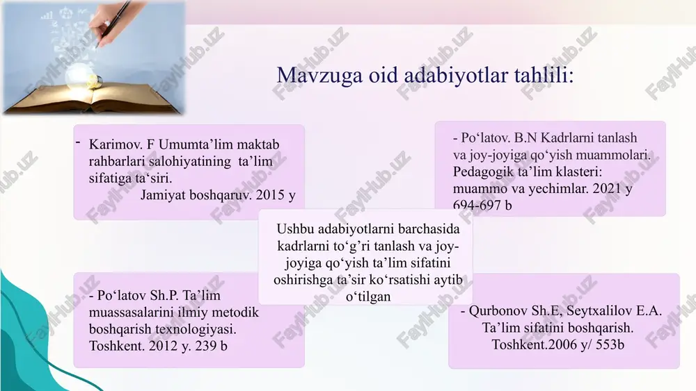 ko’zda tutilmoqda.(oddiy maktablarda) finlandiya fanlar bo‘yicha kasbiy sertifikatlar majburiy. shu bilan birga birinchi darsini 7 kishilik komissiya tekshiradi. o‘qituvchilarda muloqot qobiliyatlari, pedagogikaga professional munosabat, uning tamoyillariga sodiqlik, birinchi navbatda, bolalarga do‘stona munosabat va boshqa shaxsiy fazilatlari komissiyalar tomonidan o‘rganiladi. qanday o‘qituvchi bo‘lishidan qattiy nazar mehnat shartnomasi bir o‘quv yili uchun tuziladi maktabda seleksiyalash, kadrlarni salohiyatini rivojlantirish kabi holatlar davlat siyosati, maktablar qiziqishi doirasida belgilanadi singapur magistraturadan so‘ng tayyorgarlik dasturi deb nomlangan dasturga kirishdan oldin 4 bosqichli jarayondan o‘tadi. 8 nomzoddan 1 tasi o‘ta oladi, o‘tgan o‘qituvchi ta’lim akademiyasi (ast) tomonidan tayyorlangan ta‘lim dasturida o‘qitiladi. o‘z ustida ishlab uzoq muddat ishlashi mumkin. asosiy talabi ingliz tilini mukammal bilish davlat siyosati darajasida qaraladi shanxay shanxay o‘qituvchilarining 95 foizi kollej darajasida , nomzod pedagogika fanidan, psixologiya va o‘qitish usullaridan yozma imtihon topshirishi kerak. imtihondan keyin nomzodlar usta o‘qituvchilari va mahalliy maktab mutasaddilari bilan suhbatlashadilar. xitoyda o‘qituvchilar bilan shartnoma o‘rtacha bir yilga tuziladi va …