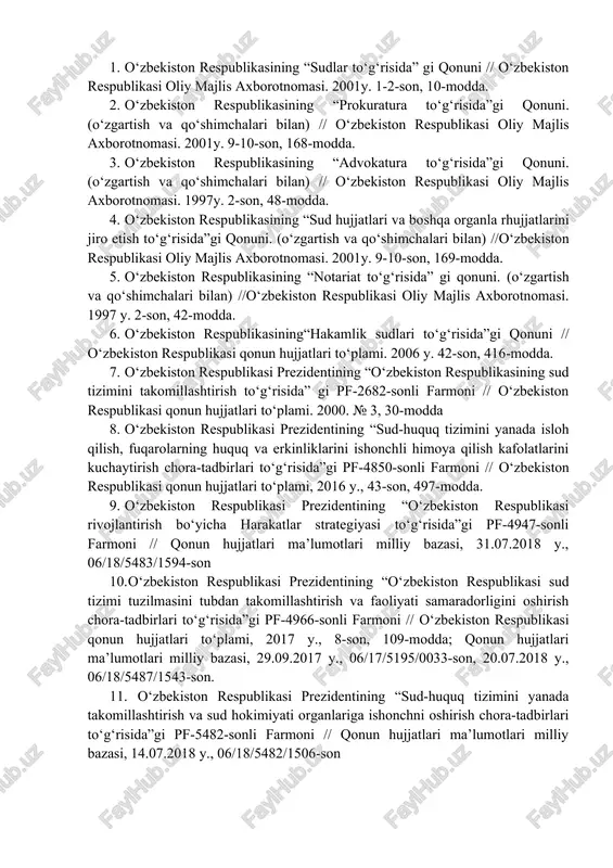 qo‘ydirib topshiriladi yoki ularga pochta orqali yoxud elektron hujjat tarzida yuboriladi. o‘qish uchun adabiyotlar 1. shoraxmetov sh.sh. o`zbekiston respublikasining fuqarolik protsessual huquqi. –toshkent: adolat, 2007. b.254-260. 2. shoraxmetov sh.sh.o‘zbekiston respublikasining fuqarolik protsessual kodeksiga sharhlar. – toshkent: tdyui, 2010. b.514-531. 3. mamasiddiqov m.m. fuqarolik protsessual huquqi. darslik. umumiy qism. – toshkent: tdyui, 2010. b.343-37. 4. mamasiddiqov m.m. buyruq tartibida ish yuritish. –toshkent: tdyui, 2007. -120 b. 5. mamasiddiqov m.m., u.s.mirzayev o‘zbekiston respublikasi fuqarolik protsessual kodeksining “buyruq tartibida ish yuritish” nomli 201 -bobiga sharh. ilmiy-amaliy qo‘llanma. –toshkent.: “al-faba-syervis”. 2008. – 116 b. 6. mamasiddiqov m.m fuqarolik protsessida buyruq tartibida ish yuritish instituti. j. o’zbekiston respublikasi oliy sudi axborotnomasi. 2011 y., 5-son.-b. 2-4 7. o‘zbekiston respublikasi oliy sudi plenumining 2006 yil 3 fevraldagi “buyruq tartibida ish yuritishni tartibga soluvchi qonun normalarini qo‘llashning ayrim masalalari to‘g‘risida”gi qarori normativ-huquqiy hujjatlar 1. o‘zbekiston respublikasining “sudlar to‘g‘risida” gi qonuni // o‘zbekiston respublikasi oliy majlis axborotnomasi. 2001y. 1-2-son, …