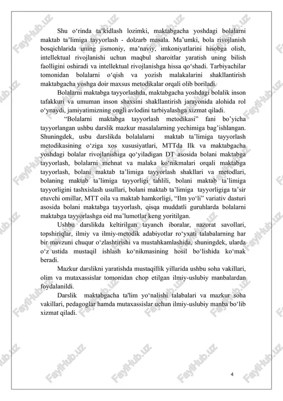 l bo‘lishida ko‘mak beradi. mazkur darslikni yaratishda mustaqillik yillarida ushbu soha vakillari, olim va mutaxassislar tomonidan chop etilgan ilmiy-uslubiy manbalardan foydalanildi. darslik maktabgacha ta'lim yo‘nalishi talabalari va mazkur soha vakillari, pedagoglar hamda mutaxassislar uchun ilmiy-uslubiy manba bo‘lib xizmat qiladi. 1-mavzu: bolalarni maktabga tayyorlash fanining maqsad va vazifalari reja: 1. bolalarni maktabga tayyorlash fanining maqsad va vazifalari. 2. fanlar bilan aloqadorligi. tayanch tushunchalar: ta’lim, maqsad, vazifa, mazmun, davlat talablari, maktabga tayyorlash, rivojlantirish, maktabgacha ta’lim, aqliy rivojlanish, ma’nan rivojlanish, jismonan rivojlanish. bolalarni maktabga tayyorlash fanining maqsad va vazifalari maktabgacha tarbiya va ta’lim - bu ibora bola tug‘ilganidan maktabga borguniga qadar davom etadigan ta’limni anglatadi. bunday ta’lim rasmiy, rasmiy bo‘lmagan va norasmiy vaziyatda berilishi, va bolaning yashab, rivojlanishi va o‘qishi, xususan salomatlik, ovqatlanish, gigiyena masalalarini o‘rganishini nazarda tutadi. ushbu davr quyidagilarga bo‘linadi: tug‘ilganidan uch yoshgacha, uch yoshdan yetti yoshgacha, ya’ni bola maktabga qatnay boshlagunicha bo‘lgan davr. maktabgacha ta’lim “ilk va maktabgacha yoshdagi rivojlanishiga …