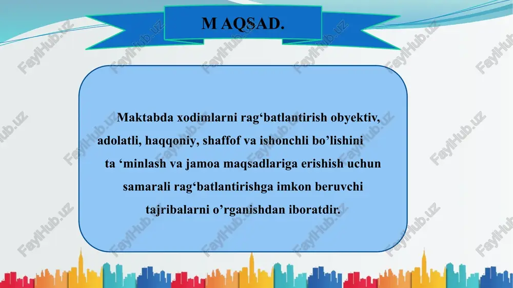 a ularni tegishli ko‘nikmalarga o‘rgatish. 2.o‘z-o‘zini rivojlantirishni rag‘batlantirish. maktab direktori, o‘tibdo‘ vazir jamg‘armasini oladigan o‘qituvchi. 2024-yil 15-avgust. o‘qituvchilarni maktabda o‘z ustida ishlashlari uchun imkoniyat yaratadi va ruhiy inergiya beradi. 2 xodimlarni imkoniyatlari yuzasidan tahlil va tadqiqotlarning yetarli emasligi. 1.har bir xodimni ichki imkoniyatlarini aniqlash. 2.imkoniyatlarni hisobga olgan holda ish taqsimotlarini belgilash. 3. xodimlarga motivatsiya beradigan omillarni aniqlash. o‘tibdo‘ mmibdo‘ psixolog. 2024-yil 15-sentabr xodimlar ish jarayonlarida ortiqcha yuklamalarsiz ishlaydi bu esa ta’lim sifatini oshishiga ijobiy ta’sir qiladi. 3 rag‘batlantirishning raqamlashtirilmaganligi. 1.axborot texnologiyalarini joriy etish. 2.onlayn tizimni yaratish maktab direktori va informatika fani o‘qituvchisi. 2025-yil 1-mart 1.xodimlar uchun rag‘batlantirishning shaffofligi ta’minlanadi. 2.rahbarlar uchun nazorat qilish osonlashadi. chora tadbirlar rejasi. e’tiboringiz uchun rahmat !!! image2.jpeg image4.png image3.jpg image5.png image6.png image7.png image8.png image9.png image10.png image11.gif image12.jpeg image13.jpeg image14.png image15.png /docprops/thumbnail.jpeg
