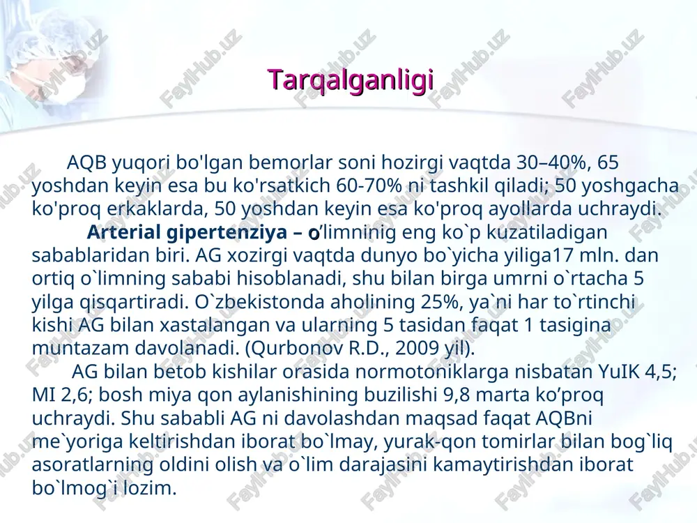 stida shovqin (epigastriy auskultasiyasida eshitiladi) buyraklarning kattalashishi oyoqlarda qb bo’y va vazn semizlik (tana vazni indeksi) ko’z tubi: qon quyilishlar, ekssudasiya, ko’z nervi diskining arteriovenoz kesishgan shishi yuz: qizarish, shishib turishi, alkogolni suiste`mol qilish belgilari yurak: tarqalgan, kuchaygan choqqi turtkisi, aritmiyalar, iii va iv yurak tonlari o’pka: chap qorincha yetishmovchiligida xirillashlar, bronxospazmda xushtaksimon nafas qorin: qorin aortasining kengayishi va pulsasiyasi, qorin aortasi ustida shovqin, gepatomegaliya son arteriyasi pulsasiyasi: son va bilak arteriyalaridagi pulsning asixronligi siydik tahlili: glyukozuriya, proteinuriya, gematuriya, leykosituriya, silindruriya oyoqlar: arteriyalar pulsasiyasi susaygan yoki yo’q, terining trofik o’zgarishlari arterial gipertenziyaga fizikal tekshiruv sxemasi yurak palpatsiyasi va perkussiyasi i bosqich – o'zgarishlarsiz ii – iii bosqich – cho'qqi turtkisining kuchayishi va chapga siljishi, yurak nisbiy chegarasining chapga siljishi, qon tomirlari tutamining kengayishi yurak auskultatsiyasi i ton kuchsiz yoki «soqov» aorta ustida ii ton aksenti aortada funksional shovqin aniqlanadi mitral qopqoqlarning nisbiy etishmovchiligida – cho'qqida i ton susayishi, sistolik shovqin …