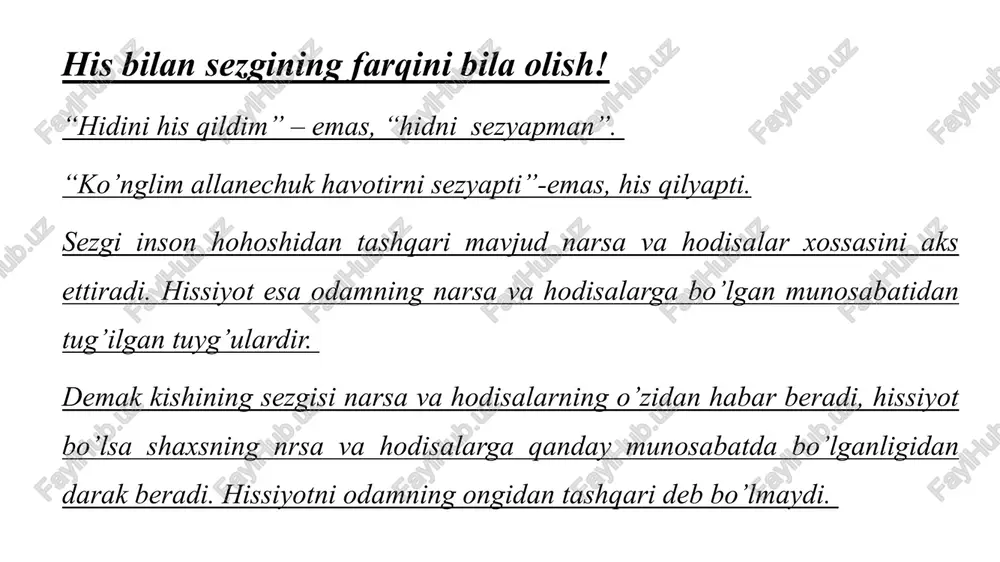 at qilib turiladi. u l.p.pavlovning so’zlari bilan aytganda, "...badanda ro’y beradigan hamma hodisalarni o’z ixtiyorida ushlab turadi". bunda if-signallar sistemasi katta o’rin egallaydi. aynan so’z, fikr, noma’qulhislarni vujudga keltiruvchi biror hodisaga ongli munosabatda bo’lish, kishiga ularniyehgish uchun, umuman his-tuyg’ularni boshqarish uchun kuch baglshlaydi. katta yarim shariar po’stlog’idagi shartli reflekslarning muvaqqat aloqalari sistemasi murakkab his-tuyg’ularning fiziologik asosidir. xis-tuygular xayvonlarga ham xos. lekin insonning xis-tuygulari o`z mazmuni va kechishiga kura xayvonnikidan tubdan farq qiladi. masalan, jirkanish, faxrlanish, xasad qilish, shodu-xurramlik, zerikish, xurmat qilish, burchni xis etish kabilar faqat insonga xos bo`ladi. qorquv hissini yengish uchun 6 ta psixologik tavsiya. biror narsadan vahimaga tushmagan odam bolmasa kerak dunyoda. kimdir buni his-hayajon bilan ifodalasa, kimlardir buning sababini ruhiy holatdagi ozgarishlarda deb biladi. vaholanki, irodani chiniqtirish haqida kop gapiriladi. shunday bolsa-da, hayotiy muammolarga sabab bolayotgan va ozligimizni anglashga tosqinlik qilayotgan qorquv hissi taqib etishini inkor qilolmaymiz. agar bu his osoyishta hayot kechirishimizga monelik qilayotgan bolsa, …