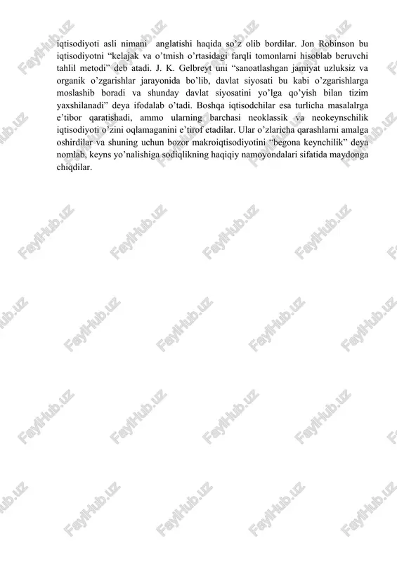 del, xuddi mikroiqtisodiyot uchun taklif va talab tahlili zarur bo’lganligi kabi, makroiqtisodiyot uchun ham kerakli bo’lgan asosiy analitik tuzilmalar bilan ta’minlangan ayrim sohalarni takomilashtirish imkonini yaratadi. 1930-yildagi depressiya holati qaysi jamiyat va iqtisodchilar guruhi bozorni kuzatib borishi kerakligi ifodalangan kontekstga o’zgartirish kiritdi. shu davrlargacha bo’lgan oraliqda davlatning aralashmaslik siyosatiga oid yangi klassik muzokaralar nafaqat iqtisodiy narariyaga asoslanib qolmasdan, balki davlat to’g’risidagi falsafiy va siyosiy qarorlarga ham asoslangan edi. 1990-yillarda radikallardan tashqari deyarli barcha shaxslarning umumsiyosiy yo’nalishlari iqtisodiyotda davlatning aralashuvini cheklashga qaratilgan edi. ijtimoiy xavfsizlik va ishsizlik sug’urtasi singari bugungi kunda biz ishona oladigan ko’plab davlat dasturlari tamoyillari dolzarb tusga kirdi. depressiya jarayonining boshlanishi bilanoq unga bo’lgan munosabatlar o’zgara boshladi. ko’plab shaxslar erkin bozor tizimi depressiya jarayoni mobaynida sodir bo’lgan iqtisodiy beqarorlik tomon yetaklasa, muqobil tanlovlar qilish kerakligini his etishgan. iqtisodchilar muqobil iqtisodiyot elementlarini samaraliroq tahlil etishi natijasida ko’pchilikning siyosiy tavsiyalarga bo’lgan ishonchi so’nib bordi va yangi klassik nazariyaning kamchilik tomonlari …