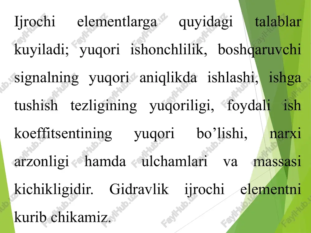 da boshqariladigan tizimlarga, tashqi muhit haqidagi informatsiya bo‘yicha ishlaydigan boshqarish tizimlariga va aralash tizimlarga bo‘linadi. dasturli boshqarish tizimlari sanoat robotlarini boshqarish tizimlari iyerarxiyasida past o‘rinda turadi. bunday boshqarish tizimlari robotning va tashqi muhitning to‘la aniq bo‘lishini va ishlash sharoitining o‘zgarmasligini talab qiladi. 5.2.-chizmada sanoat roboti boshqarish tizimining funksional chizmasi keltirilgan. bu tizimning ishlashi quyidagi parametrlar bilan xarakterlanadi: y– boshqarish obyektining holatini xarakterlovchi vector (ishchi qurilmalar harakat darajalarining koordinatalaralari); g berilgan ta’sir, boshqarish dasturi shaklida bo‘lib, boshqariladigan kattalik y ning berilgan o‘zgarish qonuni bo‘yicha informatsiyani o‘z ichiga oladi va dastur - vaqt qurilmasiga kiritiladi. ushbu ^(t)=fb(t) tenglikka rioya qilinsa, dasturning aniq bajarilishi amalga oshiriladi va shunga mos ra vishda robot ishchi qurilmalarining kerakli siljishlari amalga oshiriladi, ya’ni har bir yuritma o‘ziga taalluqli harakat darajasiga mos keluvchi g(t) dasturni bajaradi va natijada to‘liqligicha kerakli harakat amalga oshiriladi. 5.2-chizma. sanoat roboti boshqarish sistemasining funksional chizmasi bq – boshqarish qurilmasi; pvq – programma-vaqt qurilmasi; …