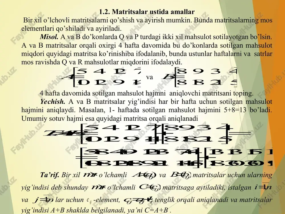 0 × 4 = 60 + 0 + 80 = 140 22 c  6 × 0 . 5 + 0 × 3 + 20 × 4 = 3 + 0 + 80 = 83 23 c  6 × 1 + 0 × 8 + 20 × 2 = 6 + 0 + 40 = 46 24 c  6 × 7 + 0 × 2 . 5 + 20 × 0 = 42 + 0 + 0 = 42 endi o’zingiz mustaqil oxirgi satr elementlarini hoisoblang. unda siz 31323334 78,44,5,75,27 cccc  natijaga ega bo’lshingiz kerak. shuning uchun m atritsa lar ko’paytmasi 100564433 140834642 7844.57527 cab       bo’ladi. o’lcho’vi katta bo’lmagan m at ritsa lar uchun m atritsa lar ko’paytmasini hisoblash mumkin, lekin o’lchovi katta m atritsa lar ko’paytmasi murakkab bo’ladi va ko’p vaqtni oladi. iqtisodiyot tadbiqlarida m atritsa lar ko’paymasidan foydalanish unch …