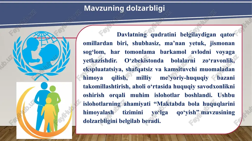 jamoat arboblarini jalb qilish mumkin. har oyning ma’lum sanasida ota-onalar uchun ochiq eshiklar tashkil etilishi maqsadga muvofiq. maktabda o‘quvchi yoshlar o‘rtasida “mening huquqlarim” mavzusida chellendjlar tashkil qilish, “huquq bilimdoni” mavzusida zakovot o‘yinlarini o‘tkazish kerak va bu orqali farzandlarimizning huquqiy savodxonligini oshira olamiz. . takliflar 1 3 4 ota-onalar, o‘qituvchilar va o‘quvchilarning huquqiy savodxonligini oshirish maqsadida maktablarda o‘quv seminarlarini tashkil etish zarur; internet va ijtimoiy tarmoqlardan xavfsiz foydalanishga yordam berish kerak. maktablarda bolalarni huquqlarini himoya qiladigan ishchi guruhlarini tuzish, “ishonch telefonlari” va elektron pochta orqali o‘quvchilar bilan do‘stona aloqalarni tiklash hamda ularni muammolarini, fikrlarini, qiziqishlarini aniqlash orqali o‘quvchilarga ma’naviy yordam berish kerak; 2 alohida ta’lim ehtiyojlari bo‘lgan bolalarga ko‘rsatiladigan ta’lim xizmatlari sifatini yaxshilash kerak; maktabda bola huquqlarini himoyalash tizimini yo ‘lga qo ‘yish borasida amalga oshiriladigan ishlar yuzasidan chora-tadbir rejasi t/r muammo amalga oshirish mexanizmi mas’ullar muddati natija 1 zo‘ravonlik, zo‘ravonlik va bolalar huquqlarining boshqa buzilishining oldini olish bo'yicha mashg‘ulotlar va …