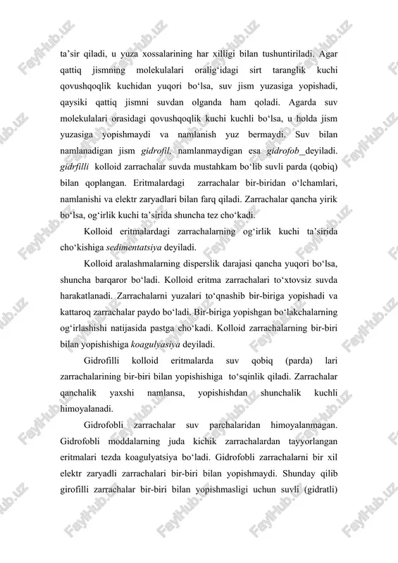 ‘r katakchalarda qoladi va erkin harakatlanmaydi, natijada eritma mustahkam xuddi ilviraga o‘xshash bo‘ladi. kolloid eritmada shakllangan to‘rga tuzilma, eritmada paydo bo‘lish jarayoniga tuzilmaning shakllanishi deyiladi. odatda zarrachalar bir-biri bilan yopishib, cho‘kmaga cho‘kmay tuzilma holda shakllanadi. eritma kuchli silkitilsa yoki aralashtirilsa tuzilma uziladi. bunda eritma suyuladi, harakatchan bo‘ladi va taranglik xossasiga ega bo‘lmaydi. agarda eritma harakatsiz holatida bo‘lsa, yana zarrachalar yopishadi va sekin–asta quyuqlasha boshlaydi. eritmalarni silkitishda suyulishi va turganda quyuqlashishi teksotropiya deyiladi. gilli eritmalar suvdagi gilli zarrachalaridan tashkil topgan. eritmadagi loy zarrachalarning o‘lchamlari har xil bo‘ladi, yirik zarrachali suspenziyadan kolloidgacha. gilli eritmalar kolloid aralashmasi yirik zarrachalardan iborat, suspenziya shakllansa bunday eritmaga kolloid – suspenziyali tizim deyiladi. gilli eritma suvli pardalar va elektr zaryadlar bilan himoyalanganligi uchun mustahkamdir. yuvish eritmalarining xossalarini aniqlash usullari ko‘p komponentli yuvish aralashmaning muhim xususiyatlaridan biri koagulyatsiyali tiksotropli tuzilma hosil qiladi, burg‘ilangan tog‘ jinslarini muallaq holda ushlab turish qobiliyatiga ega bo‘ladi. bunday mustahkam tuzilma kuchlanish kattaligi bilan …