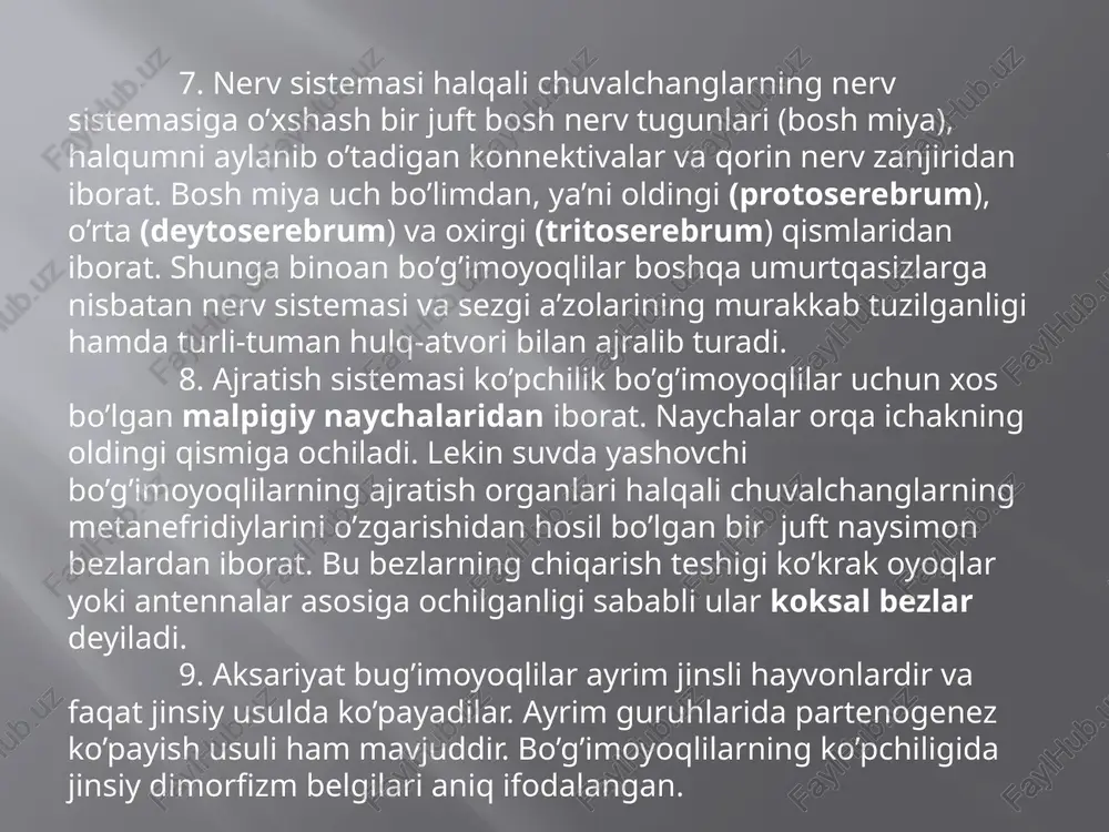 sinfi – xiphosura qilichdumlilar qadimgi dengiz hayvonlari bo’lib, ular asosan paleozoy erasida yashab, keyinchalik deyarli qirilib ketgan hayvonlar hisoblanadi. hozirgi vaqtda bu sinfning faqatgina 5 turi ma’lum. qilichdumlilar hozirgi xeliseralilarning eng yiri hisoblanadi va ularning kattaligi 75 sm gacha boradi. butli o’rgimchakning tashqi tuzilishi 1 – boshko’krak 2 – xelitseralar 3 – pedipalpalar 4 – oyoqlar 5 – qorin bo’limi 6 – xitinlashgan qoplamlari o’rgimchaksimonlar sinfi – arachnida o’rgimchaksimonlar xeliseralilarning yuqori darajada rivojlangan guruhi bo’lib, hayot kechirishi quruqlik muhiti bilan bog’liqdir. o’rgimchaksimonlarning turli-tuman tuzilishga ega bo’lgan guruhlari uchun umumiy belgilar mavjud bo’lib, ularning hammasida ham murakkab ko’zlar yo’qolib, faqat oddiy ko’zlar rivojlangan. boshida mo’ylovlari ham bo’lmaydi. boshko’krakdagi olti juft oyoqlarning oldingi ikki jufti xelisera (paypaslagich jag’lar) va pedipalplar (paypaslagich oyoq) ga aylan-gan. bu organlar shu hayvonlarning oziqlanishida ishtirok etadi. qolgan turt juft oyoqlar yurish oyoqlari hisoblanadi. o’rgimchaksimonlar o’pkalar yo traxeyalar orqali nafas oladi. ajratish organlari tarkibiga koksal bezlardan tashqari yana …