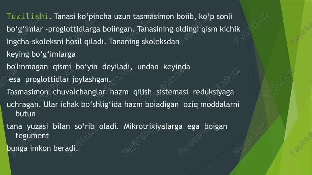 shqa yirtqich sutemizuvchilar exinokokk bilan zaralangan organlarini yeb, parazitni yuqtiradi . tasmasimon chuvalchanglaming zarari. tasmasimon chuvalchanglar otlnin va hayvonlarga katta ziyon keltiradi. kasallik tug‘diruvchi ko'pchilik chuvalchanglar cyclophyllidea va pseudophyludea turkumiga kiradi birinchi turkumdan ichak ligulasi (ligula intestinalis, 59-rasm) imliqlarga katta zarar yetkazadi. uning uzunligi 50-80 sm, karpsimon imliqlar (qora baliq, zog‘ora, leshch, qizil ko‘z) tana bo‘shlig‘ida parazitlik qiludi. kasal baliqlar o'sishdan qolib; ko‘pincha halok bo'ladi. voyaga yelgan ligulaning uzunligi 1 m yaqin. u suvda va suv bo yida yashovchi qnshlar ichagida parazitlik qiladi. ligula tanasi bo'g'im larga boiinmaydi, lekin germafrodit jinsiy organi tanasi bo’ylab ko‘p marta takrorlanadi. fetish ichagidan suvga tushgan tuxumdan koratsidiy lichinkasi chiqadi. iichinka birinchi oraliq xo‘jayin diaptomus qisqichbaqasi tana bo‘shiig'iga o‘tadi. ikkinchi oraliq xo'jayin- baliqlar diaptomus qisqichbaqasini yeb parazit bilan zararlanadi. qushlar esa kasal baliqlami yeganida zararlanadi. etiboringiz uchun raxmat image1.jpeg image2.jpeg image3.jpeg image4.jpeg image5.jpeg image6.jpeg image7.jpeg image8.jpeg image9.jpeg image10.jpeg image11.jpeg /docprops/thumbnail.jpeg