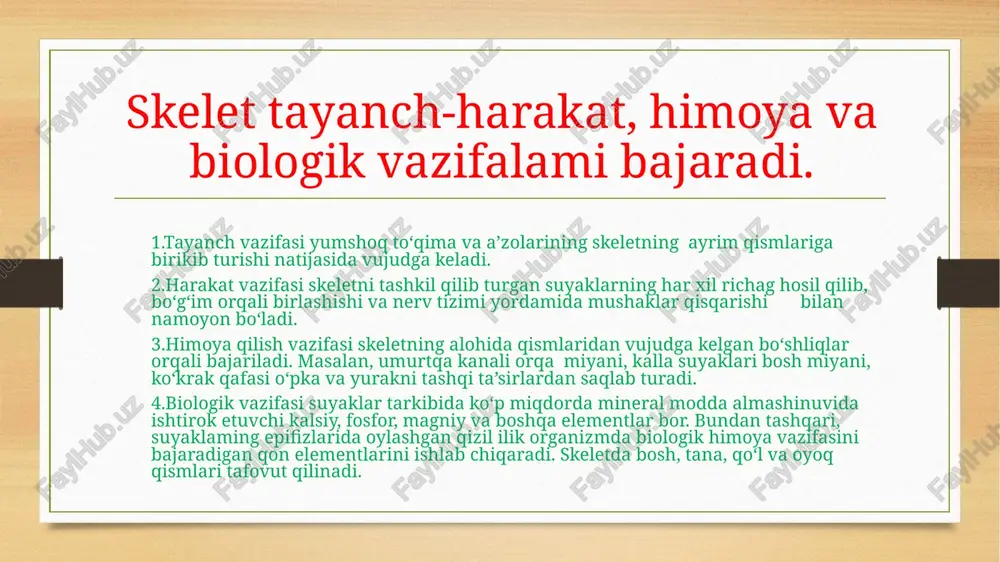 sining oldingi yuzasi qavariq, umurtqa ravog‘iga qaragan orqa yuzasi esa bukilgan bo‘lib, unda qon tomirlar o‘tadigan oziqlantirush teshigi (foramen nutricium) bor. umurtqa ravog‘i tananing orqasida joylashib, tana bilan ikkita umurtqa ravog‘ining oyoqchasi (pedunculus arcus vertebrae) vosi­ tasida birikib, umurtqa teshigini (foramen vertebrale) hosil qiladi. barcha umurtqa teshiklarining o‘zaro qo‘shilishidan hosil bomgan umurtqa kanali (canalis vertebralis) yuqorida kalla suyagi bo‘shlig‘i bilan qo‘shiladi. umurtqa kanalining ichida orqa miya va uning pardalari yotadi. umurtqa ravog‘ida mushaklar birikadigan o‘siqchalar bor. umurtqa. ust to- mondan ko‘rinishi: 1-cor­ pus vertebrae; 2-fovea costalis superior; 3,11-pedunculus ar­ cus vertebrae; 4-facies articularis superior; 5-fovea costalis processus transversi; 6-processus transversus; 7-arcus vertebrae; 8-processus spinosus; 9-foramen vertebrale; 10-processus articularis superior. yangi tug‘ilgan cha- qaloq ko‘krak umurtqasining qismlari. 1-processus spinosus; 2-fovea costalis processus transversi; 3-processus articularis superior; 7 4-fovea costalis superior; 5-corpus vertebrae; 6-pediculus arcus vertebrae; 7-processus transversus; 8-lamina arcus vertebrae. image7.jpeg image8.jpeg image9.jpeg image10.jpeg image11.jpeg image3.png image4.png /docprops/thumbnail.jpeg