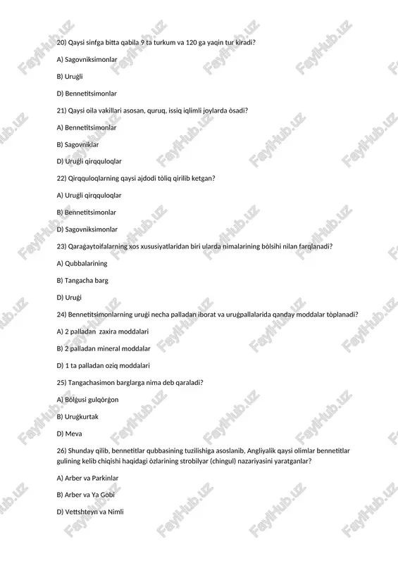 yadan d) shimoliy amerikada n 4) archalar necha uyli òsimliklar bòlib, changchi qubbalari kichik, mikrosporofillarida nechta mikrosporangiylar joylashgan bóladi? a) ikki uyli 2 - 6 ta b) bir uyli 3 - 9 ta d) ikki va ba'zilari bir uyli 2 - 8 ta 5) qaraģaytoifa òsimliklar qanday tipda shoxla ngan va ildiz sistemasiga ta'rif bering? a) monopodial ildizi yaxshi taraqqiy etgan b) monopodial ildizi yaxshi taraqqiy etmagan d) a va b javoblar tóģri 6) bòr davrining oxirlarida ya'ni 70 mln yil ilgari qirqquloqlarning qaysi ajdodi batamom qirilib ket gan? a) bennetitsimonlar