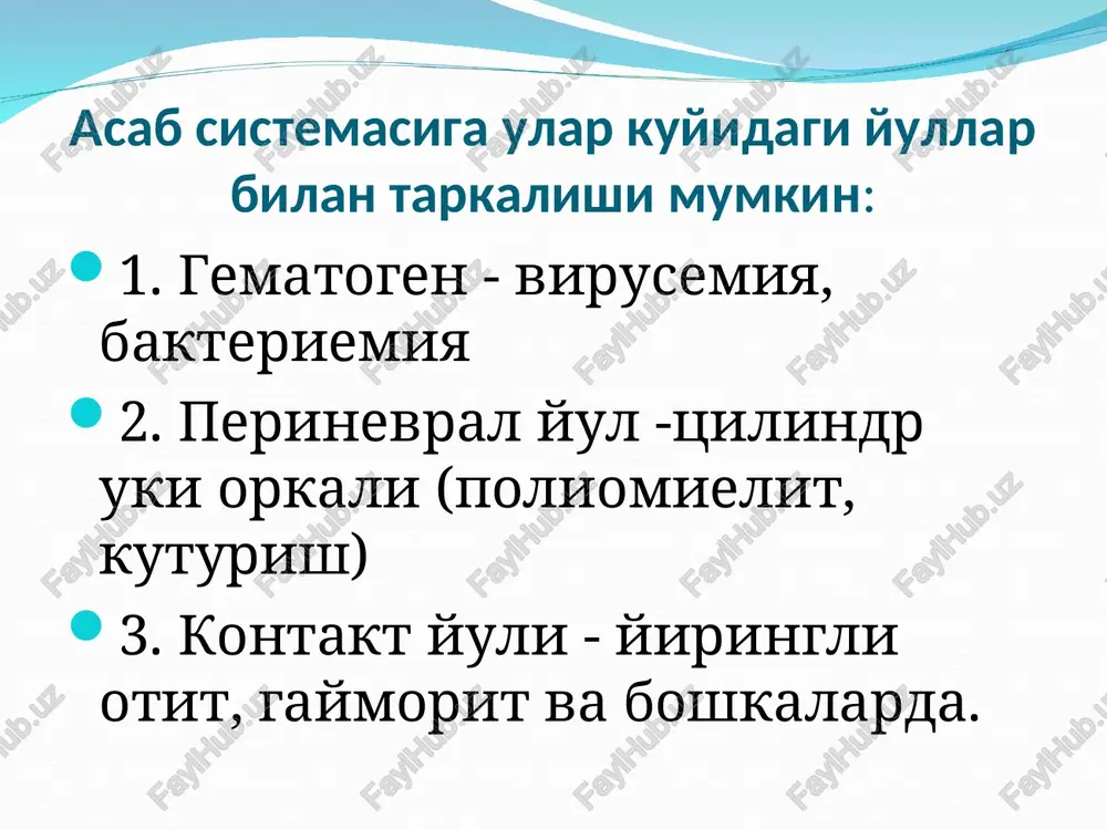 mishyak va uning birik-malari, geksoxloran, ddt, alkogol bilan zaxarlanish tufayli kelib chikadi. tarqalishiga qarab diffuz chegaralangan ko'p o'choqli ko'pincha orqa miyaning bo'yin qismi ko'krak qismi bo'yin – ko'krak qismi patogenezi infektsiya gematogen disseminatsiya autoallergik fon o'tkir mielit klinikasi ikki gurux simptomlar kuzatiladi: umuminfektsion nevrologik nevrologik simptomlar o'tkazuvchi: markaziy tetra yoki paraparez; tetra- yoki paraanesteziya; tetra- yoki para- sensitiv ataksiya; trofik buzilishlar (yotoq yaralar); toz a'zolari funktsiyasining buzilishi; segmentar o'zgarishlar: dissotsiatsiyalashgan tsirkulyar gipesteziya, ildizchali og'riqlar likvorologik o'zgarishlar: xujayra- oqsil dissotsiatsiyasi. davolash: keng spektrdagi antibiotiklar katta dozalarda glyukoza 40% - 20,0 urotropin bilan (40% - 10,0) dezintoksikatsion tadbirlar -reosorbilakt, 5% glyukoza eritmasi fiziologik eritma vitaminlar v1, v6, v12 steroid gormonlar. aktg antixolinesteraz preparatlar (galantamin, prozerin) o'tkir mielit asoratlari : urogenital sepsis yotoq yaralar oqibatida kelib chiqqan sepsis ko'tariluvchi mielit: diafragmal nerv falaji va bulbar sindromi bilan poliomielit (bolalar spinal falaji, paralysis spinalis infantilis) poliomielit virus etiologiyali o'tkir infektsion kasallik, orqa miyaning oldingi …