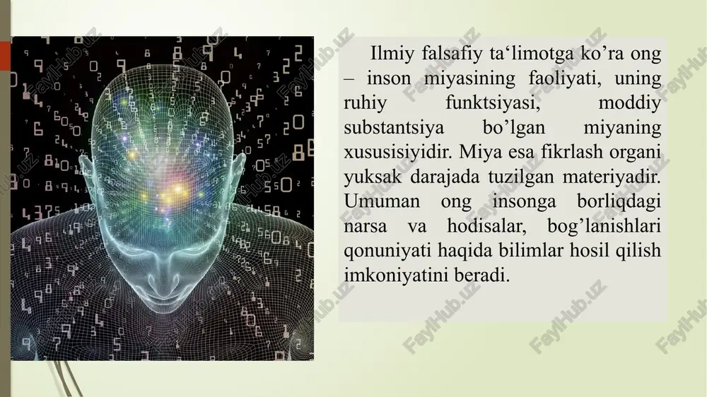 shini, jamiyatda qanday o’ringa egaligi va qanday rol o’ynashini anglay olishidan boshlanadi. lekin bu o’z – o’zini anglash insonda o’z – o’zidan, «aprior» shakllarda yuzaga kelmaydi, balki u ong bilan birga, insonning moddiy va ma‘naviy faoliyatlari asosida, uning ijtimoiy turmush tarzi ta‘sirida shakllana boradi. bunda uning o’z – o’zini anglashi o’z faoliyatlarini nazorat qilishda, o’zining qilayotgan ishlari va faoliyatlari uchun ma‘sullikni his qilishda namoyon bo’ladi. ongning vujudga kelishi va rivojlanishida mehnat hal qluvchi omildir. insoniyat o’zining ma‘lum maqsadga qaratilgan ongli mehnati tufayligina tabiatdan ajralib turadi. inson o’zining mehnati natijasida ijtimoiy hayotni tubdan qayta qurishga qodir bo’lgan yagona kuchdir. jamiyat taraqqiyoti jarayonida odamlarning mehnat faoliyati ham tobora takomillashib, ma‘no jihatdan farq qiluvchi tovushlarni, so’zlarini chiqarish imkoniyatlariga ega bo’ladi. bunday imkoniyatga ega bo’lgan uyushgan kishilar shu darajada yetadilarki, ularda bir – birlariga nimanidir aytish ehtiyoji tugiladi. bu ehtiyoj o’ziga kerakli a‘zoni hamda u bilan bog’liq nutq va tilni vujudga keltiradi. shunday qilib, …