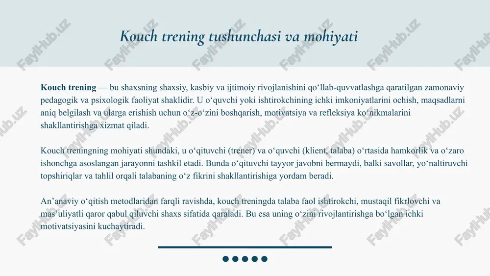 soblanadi: savol-javob (coaching questions) – o‘quvchini tayyor javob emas, balki mustaqil fikrlash va tahlil qilishga undovchi ochiq savollar orqali faollashtirish. bu metod shaxsiy refleksiya va o‘z fikrini ifoda etish ko‘nikmasini rivojlantiradi. refleksiya – o‘quvchining o‘z faoliyati, hissiy holati va natijalarini tahlil etish jarayoni. refleksiya orqali o‘quvchi o‘zini anglash, xulq-atvorini baholash va o‘z ustida ishlashga o‘rganadi. maqsad qo‘yish texnikasi (smart) – o‘quvchiga aniq, o‘lchovli, erishiladigan, real va vaqt bilan cheklangan maqsadlarni belgilashga yordam beradi. bu metod shaxsiy rivojlanish rejasini shakllantirishda muhim ahamiyatga ega. feedback (qayta aloqa) – o‘qituvchi va o‘quvchi o‘rtasida ochiq, konstruktiv muloqot o‘rnatish orqali yutuq va kamchiliklarni tahlil qilish, o‘zini rivojlantirishga yo‘naltirish usulidir. mentorlik va trening mashg‘ulotlari – hayotiy vaziyatlarni modellashtirish, jamoaviy ishlash, qaror qabul qilish va muloqot ko‘nikmalarini rivojlantirishga xizmat qiladi. ushbu metodlar o‘quvchining ijtimoiy faolligi va o‘ziga ishonchini oshiradi. kouch trening samaradorligi tajriba va natijalar tahlili tarbiyada kouch trening usullarini qo‘llash orqali o‘quvchilarning faolligi va mas’uliyat hissi …