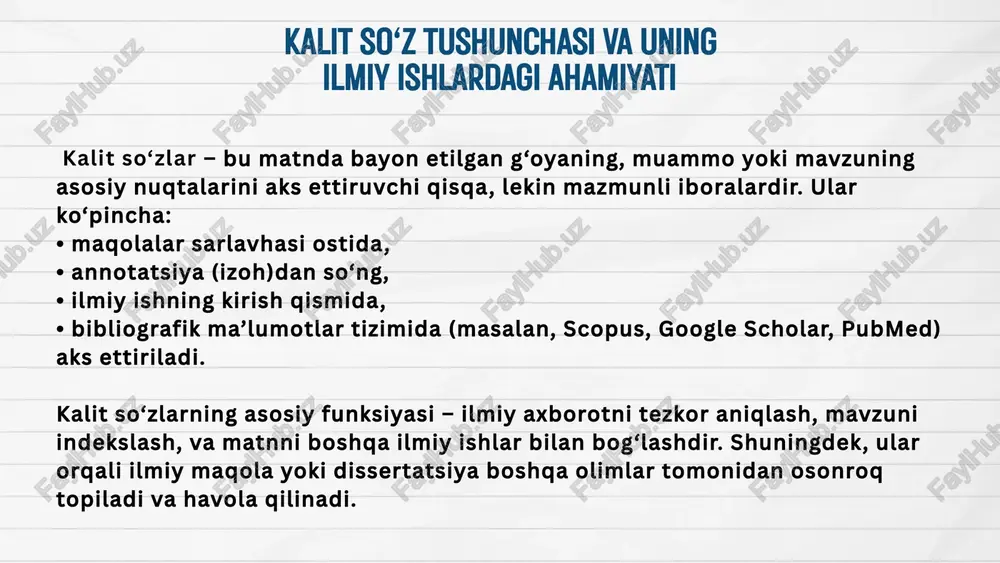 023 (so‘rovnoma asosida) izoh: o‘zbekiston oliy o‘quv yurtlarida o‘tkazilgan tahlil shuni ko‘rsatdiki, ko‘plab talabalar kalit so‘zlarni umumiy so‘zlardan tanlaydi (masalan, “sog‘liq”, “tabiat”, “ilm”), bu esa ishning ilmiy darajasini pasaytiradi. 01 02 03 05 04 06 ilmiy ish yozish – bu shunchaki matn yozish emas, balki o‘z fikrini aniq, lo‘nda va ilmiy asosda yetkazish san’atidir. bu jarayonda esa kichik ko‘ringan, lekin juda muhim vosita bor – kalit so‘zlar. dastlab, bu so‘zlar shunchaki ro‘yxatdek tuyulishi mumkin, lekin aslida ular sizning ishingizni topadigan, o‘qitadigan, tarqatadigan “kalit” bo‘lib xizmat qiladi. ayniqsa, ilmiy izlanishlar internet va ma’lumotlar bazasiga o‘tgan davrda, birgina noto‘g‘ri tanlangan kalit so‘z butun maqolangizni ko‘zdan yashirishi mumkin. shu sababli, men bu mavzuni o‘rganar ekanman, oddiy so‘z tanlash ortida qanday katta mas’uliyat borligini angladim. har bir kalit so‘z – bu sizning ilmiy ovozingiz. agar to‘g‘ri tanlansa, sizni kerakli odamlar topadi, sizning g‘oyalaringiz eshitiladi. ammo noto‘g‘ri tanlansa – siz yozganlar, afsuski, kompyuter serverlarining changida …