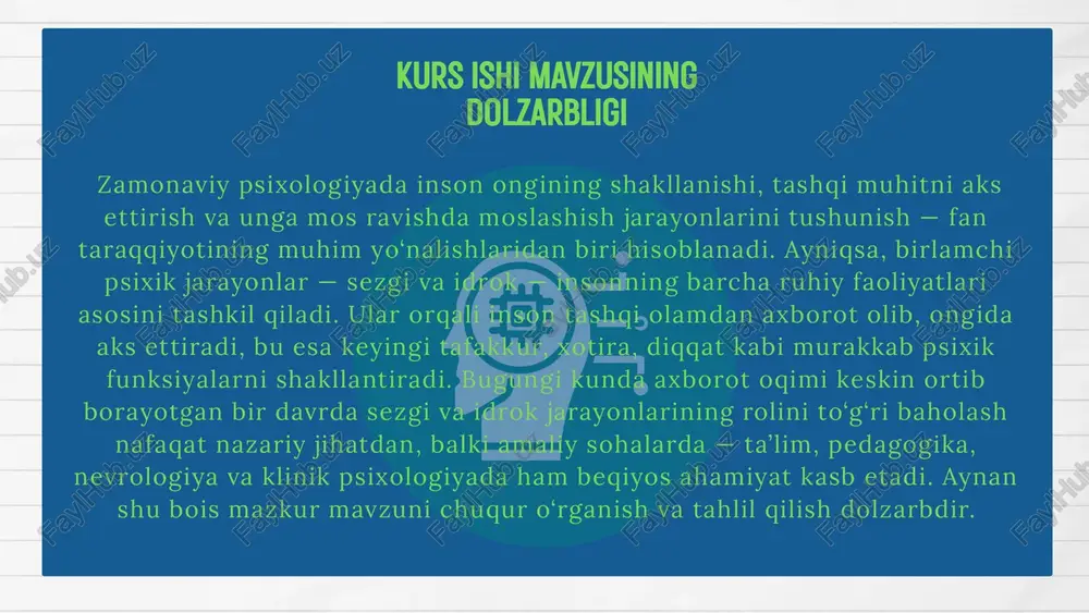 animizda, biz uni ilgari ko‘rgan narsalar bilan solishtirib, uni tanishga harakat qilamiz. bu jarayon xotira va ongning faol ishlashiga bog‘liq. idrokning psixologik mohiyati — bu tashqi olam haqidagi murakkab axborotni tez va samarali qabul qilib, uni ongli xulosa chiqarishga aylantirish. idrokning shakllanish mexanizmi bir necha bosqichdan iborat: • sezgi qabul qilishi — tashqi stimullarni sezgi organlari qabul qiladi. • signal uzatish — nerv tizimi orqali ma’lumot miyaga yetkaziladi. • qayta ishlash — miya ushbu ma’lumotni tartiblaydi, solishtiradi va anglashga yordam beradi. • tushunish va javob berish — ongda hosil bo‘lgan idrok asosida qaror qabul qilinadi va harakatlar yuzaga keladi. gestalt psixologiyasiga ko‘ra, idrok butunlikni hosil qiluvchi qismlar sifatida emas, balki yaxlit butun shaklida yuzaga keladi. bu nazariya idrokdagi illuziyalar va strukturalarni o‘rganishda muhim o‘rin tutadi. 2.2. idrokning turlari va shakllari idrok turlari turli sezgi organlariga bog‘liq bo‘lib, asosiy turlari quyidagilardan iborat: • vizual (ko‘rish) idroki — eng muhim idrok turi …