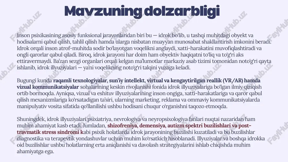 ladigan vizual va eshituv illyuziyalar. • psixoterapiyada illyuziyalarni tashxis va korreksiya vositasi sifatida qo‘llash misollarini keltirish (masalan, virtual reallik asosida fobiyalarni davolash). • illyuziyalarning ijtimoiy idrok, stereotiplar va manipulyativ kommunikatsiyalardagi o‘rni haqida fikr yuritish. i bob. idrok illyuziyalari: nazariy asoslari va tasnifi 1.1. idrok illyuziyasi tushunchasi va psixologik tafsiri idrok illyuziyasi — bu tashqi muhitdan olingan sezgi ma’lumotlarining ongda noto‘g‘ri talqin qilinishi natijasida yuzaga keladigan hodisa. illyuziya odam voqelikni qanday ko‘rishi, eshitishi yoki sezishini o‘zgartirib, real holatga mos kelmaydigan idrokni shakllantiradi. psixologiyada bu hodisa idrok va tafakkur o‘rtasidagi tafovut bilan izohlanadi. inson miyasi ma’lumotlarni tezda umumlashtirishga va tanish andozalarga moslashtirishga intiladi. biroq, ba’zan bu tezkorlik sezgi haqiqatini buzadi va illyuziyaga sabab bo‘ladi. illyuziyalar orqali: • inson ongining ishlash mexanizmlari, • e’tibor, xotira va kognitiv biaslar ta’siri, • idrokdagi subyektivlik chuqur o‘rganiladi. shuningdek, illyuziyalar gallyutsinatsiyadan farq qiladi: gallyutsinatsiya tashqi stimulsiz paydo bo‘ladi, illyuziya esa haqiqiy stimullarning noto‘g‘ri talqinidir. 1.2. idrok illyuziyalarining …