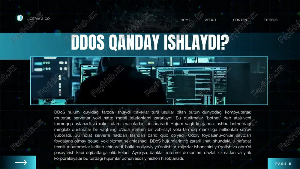 ing) yordamida aniqlash: ai tizimlari tarmoqdagi har bir trafikni kuzatadi, qaysi trafik normal, qaysisi esa hujumkor ekanini o‘rganadi va avtomatik tahlil qiladi. mashina vaqt o‘tishi bilan ko‘proq o‘rganadi, va yangi paydo bo‘lgan hujum turlarini ham tezda aniqlay oladi. ai tahlili nafaqat hujumni aniqlaydi, balki reaksiya strategiyasini ham avtomatik ravishda tanlaydi — masalan, trafikni bloklash, ip manzilni cheklash, yoki ogohlantirish berish. bu texnologiyalar aws shield advanced va azure ddos protection xizmatlarida ishlatiladi. liceria & co. content others home about page 11 hozirgi kunda ddos hujumlarining ko‘rinishi: 2020-2021-yil o‘rtalarida ddos hujumlari global miqyosda covid-19 pandemiyasi bilan bog‘liq ravishda sezilarli darajada o‘sdi. ularning aksariyati korporativ va davlat tarmoqlarini nishon qildi, chunki ko‘plab tashkilotlar onlayn faoliyatlarini davom ettirishga majbur bo‘lishdi. ddos hujumlari va iot qurilmalari: internetga ulanishi mumkin bo‘lgan qurilmalar (iot) tomonidan amalga oshirilgan hujumlar sezilarli darajada ko‘paydi. bu qurilmalar xavfsizlikni ta'minlaydigan choralar ko‘rilmaganligi sababli, botnetlar tashkil etishda ishlatilmoqda. umumiy hujumlar soni: 2024-yilning to‘rtinchi …