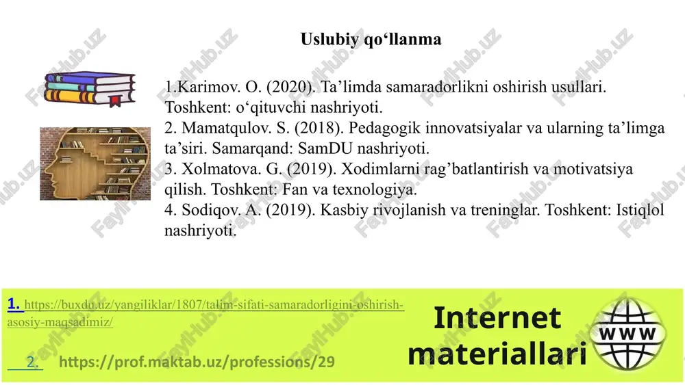 aradorligi, ta’limning sifati va samaradorligini ta’minlash juda muhimdir. xorijiy tajribalar va tahlillar asosida quyidagi asosiy xulosalar chiqarilishi mumkin: oʻqituvchilarni tanlash, muntazam va uzluksiz malakasini oshirish: erkin tanlov jarayoni samarali oʻqituvchilarni jalb qilish va ular orqali ta’lim sifatini oshirish muhim. doimiy malaka oshirish kurslari, treninglar va seminarlar orqali oʻqituvchilarni kasbiy rivojlanishini ta’minlash. motivatsiya va ragʻbatlantirish: oʻqituvchilarga yuqori maosh va imtiyozlar, shuningdek, e’tirof va ragʻbatlantirish tizimi orqali motivatsiya berish. yaxshi ish sharoitlari va erkinlik ham motivatsiyani kuchaytiradi. pedagogik innovatsiyalar: zamonaviy pedagogik usullar va texnologiyalarni ta’lim jarayoniga joriy qilish oʻqituvchilarning samaradorligini oshiradi. innovatsiyalarni joriy qilishda oʻqituvchilarga erkinlik berish va ularning ijodiy yondashuvlarini qoʻllab-quvvatlash. kommunikatsiya va hamkorlik: ochiq va samarali kommunikatsiya oʻqituvchilar oʻrtasida hamkorlikni kuchaytiradi. jamoaviy ish va tajriba almashish ta’lim jarayonini samaradorligini oshiradi. № muammo amalga oshirish mexanizmi mas’ullar muddati kutilayotgan natija 1 pedagoglarni har chorak yakunida maktabda malakasini oshirish tizimoni joriy qilish maktabdagi saloxiyatli, tajribali, oliy va birinchi toifali xodimlarni saralab olish: …