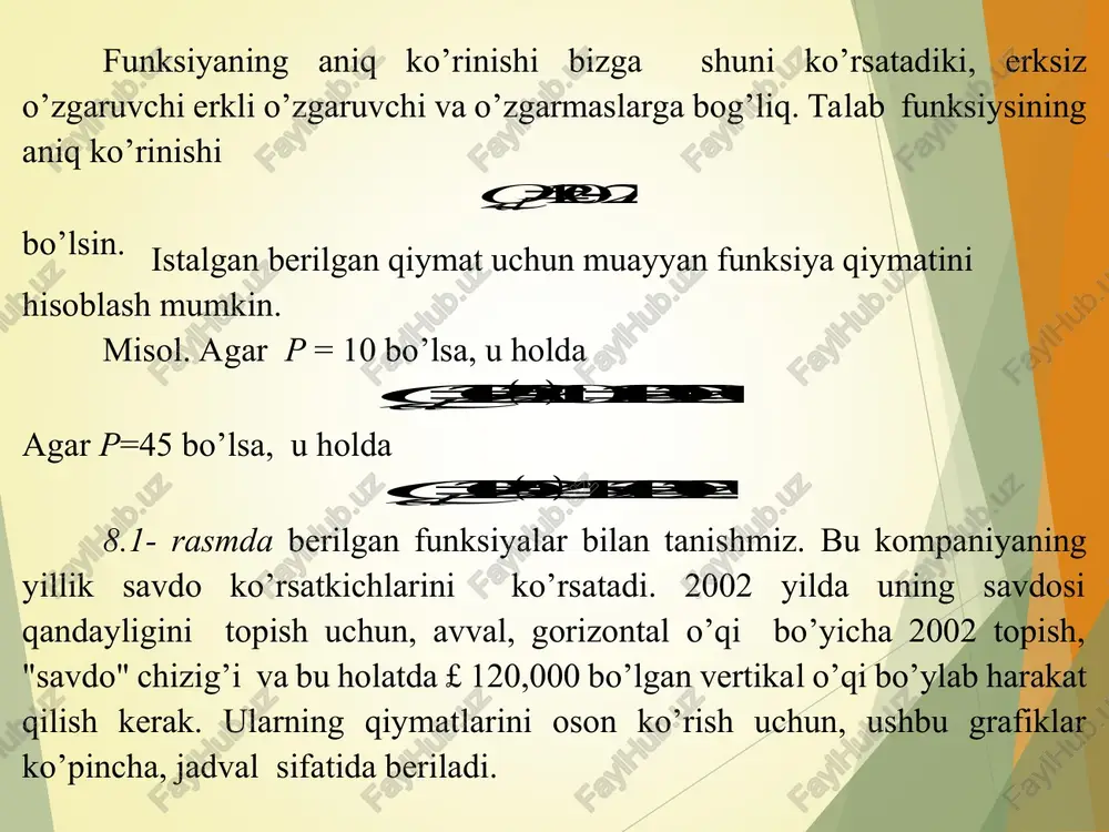 cz 0  z umumiy tenglamani ozod hadga nisbata n yechib : va tenglikning har ikkala qismini d koeffisentga bo’lib yoki deb belgilab - tekislikning kesmalardagi tenglamasi ni hosil qilamiz . umumiy tenglamaning barcha koeffisentlarini - birkik vektorning uzunligiga bo’lib . munosabatga ega bo’lamiz. odatda lar tekislikning yo’naltiruvc hi kosinuslari deyiladi va ular tekislik normal vektorining koordinata o’qlari bilan hosil qilgan burchak cosinislardir. deb, - tekislikning normal tenglamasini hosil qilamiz. axbyczd  1 xyz ddd abc  ,, ddd abc abc  1    c z b y a x 222 nabc   222222222222 0 abcd xyz abcabcabcabc   222222222 cos,cos,cos abc abcabcabc    222 d p abc   coscoscos0 xyzp   uch nuqtadan o’tuvchi teki slik tenglamasi nuqtalardan o ’tuvchi tekislik tenglamasini . masalan. nuqtalardan o’tuvchi tekislik tenglamasini tuzaylik. yoki . ikki tekislik orasidagi burchak ikki tekislik orasidagi burchak ularga perpendikulyar …