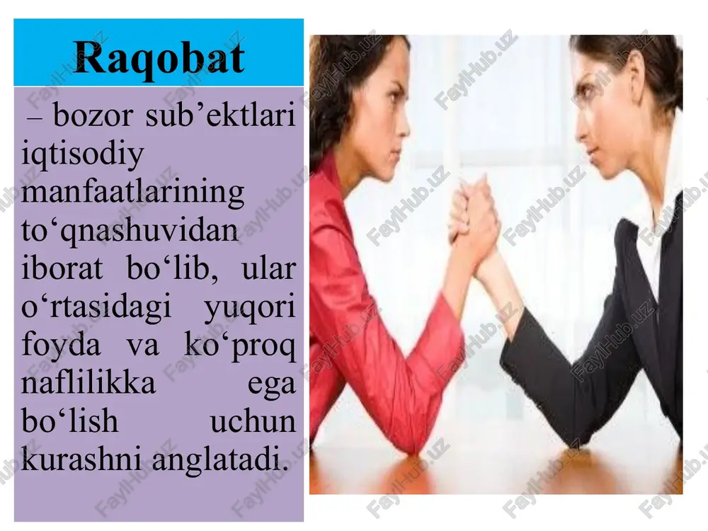 tish hamda monopol yuqori foyda olish maqsadida tarmoqlar, bozorlar va yaxlit makroiqtisodiyot ustidan hukmronlikni amalga oshiruvchi yirik korxonalar (firma, korporatsiyalar) ning birlashmalari «monopoliya» atamasining kelib chiqishi bozorga oid tushunchalardan (ya’ni, grekcha «monoc» - yagona, bitta va «poleo» - sotaman) tarkib topsada, biroq uning iqtisodiy asoslari aslida ishlab chiqarishga borib taqaladi monopoliyalarning vujudga kelishiga ta'sir etuvchi omillar 22 monopoliya ishlab chiqarishning to'planishi. olinayogan foyda hajmining oshib borishi korxonalarning yiriklashuviga imkon yaratadi. davlatning protektsionistik siyosati. u chet eldagi raqobatchilarning ichki bozorga kirib borish imkoniyatini yo'qotib, monopoliyalarning paydo bo'lishiga sharoit yaratadi. banklarning faoliyati va moliyaviy siyosati. banklar ning sanoat korxonalarini jadal o'sishiga yordamlashishi bu korxonalarning monopollashuviga zamin yaratadi. 23 monopoliyaning turlari va shakllari oligopoliya monopsoniya sof monopoliya legal monopoliya sun'iy monopoliya tabiiy monopoliya patent tizimi tovar belgilari mualliflik huquqi sindikat kartel trest kontsortsium kontsern x.m.korxonalari temir yo'l transporti suv, gaz, elektr ta'minoti korxonalari monopoliyaning turlari: bozorni qamrab olish darajasiga ko'ra: vujudga kelishi sababi …