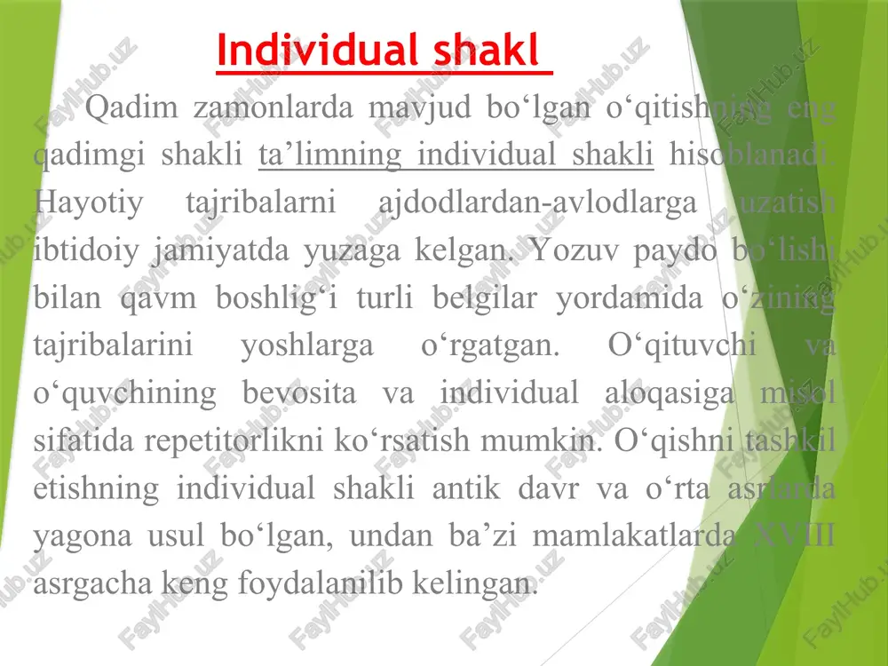 ga etibor qaratiladi. nostandart dars shakllari 3 xil. amaliy o`yin musobaqa auksion darslar darsga qo’yiladigan talablar didaktik-ta limiy tarbiyaviy rivojlantiruvchi zamonaviy darslar quyidagi talablarga javob bera olishi lozim: fanning ilg’or yutuqlari, pedagogik texnologiyalardan foydalanish, darsni o’quv-tarbiyaviy jarayon qonuniyatlari asosida tashkil etish; darsda barcha didaktik tamoyil va qoidalarning optimal nisbatlarini ta’minlash; o’quvchilarning qiziqishlari, layoqati va talablarini hisobga olish asosida ular tomonidan bilimlarning puxta o’zlashtirilishi uchun zarur sharoitlarni yaratish; o’quvchilar anglab yetadigan fanlararo bog’liqliklarni o’rnatish; ilgari o’rganilgan bilim va malakalari, shuningdek, o’quvchilarning rivojlanish darajasiga tayanish; shaxsning har tomonlama rivojlantirishni motivatsiyalash va faollashtirish; o’quv-tarbiyaviy faoliyat barcha bosqichlarining mantiqiyligi va emotsionalligi; pedagogik vositalardan samarali foydalanish; zarur bilim, ko’nikma va malakalar, fikrlash va faoliyat ratsional usullarini shakllantirish; mavjud bilimlarni doimo boyitib borish ehtiyojini yuzaga keltirish; har bir darsni puxta loyihalashtirish, rejalashtirish, tashhis va taxmin qilish. o`qituvchining darsga tayyorgarligi darsning samaradorligi uning puxta tayyorgarligi va samarali tashkil etilganligiga bog`liq. yaxshi rejalashtirilmagan,yetarlicha o`ylab chiqilmagan, o`quvchilarning imkoniyatlarini hisobga …