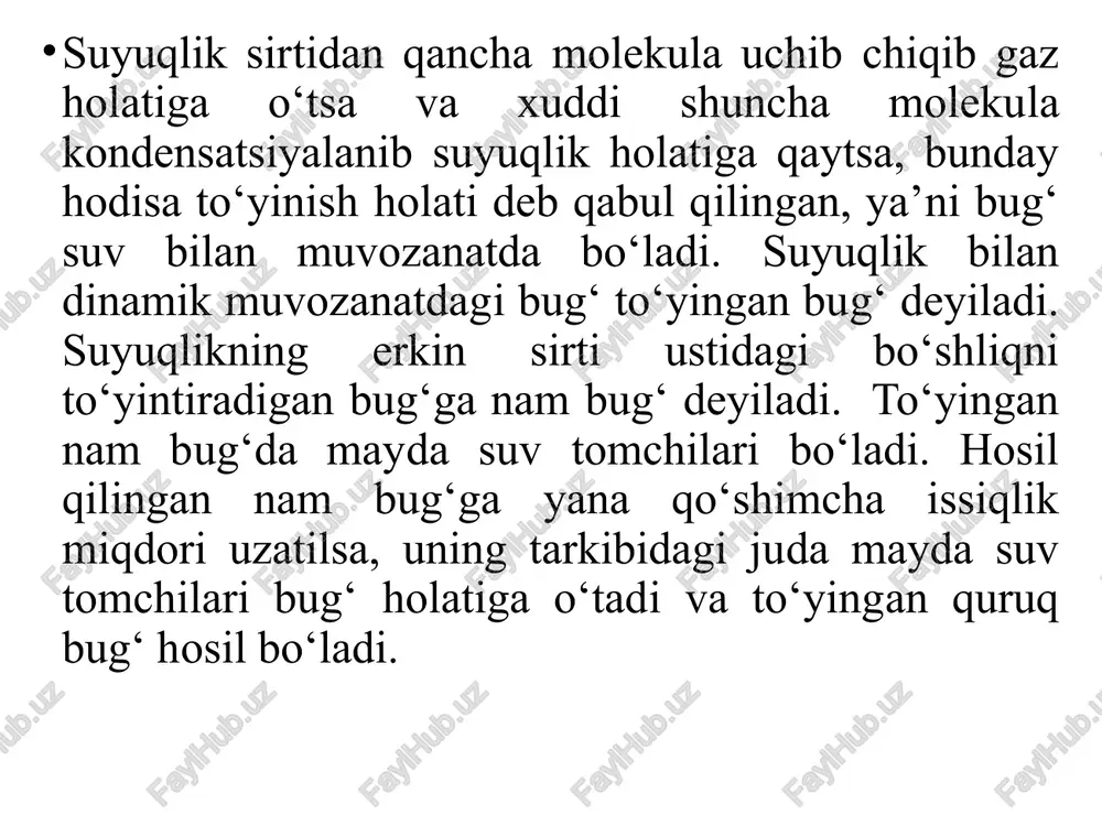 tk=304,5 k. kritik temperatura bug‘ning maksimal to‘yinish temperaturasi bo‘ladi. kritik temperaturadan yuqorida faqat o‘ta qizigan bug‘lar va gazlar bo‘lishi mumkin. kritik temperatura haqidagi tushunchani 1860 yili d.i. mendeleev berdi. bu temperatura shunday temperaturaki, undan yuqori temperaturada (bosim qanday bo‘lishidan qat’iy nazar) gazni suyuqlikka aylantirib bo‘lmaydi. pv – diagrammadagi 1,2 va 3 – nuqtalarni birlashtirib, uchta chiziq olamiz: i – 0s dagi suv uchun; ii – to‘yinish temperaturasidagi suv uchun (pastki chegara chizig‘i). iii – quruq to‘yingan bug‘ uchun (yuqori chegara chizig‘i). bu egri chiziqlar diagrammani quyidagi sohalarga bo‘ladi: i va ii chiziqlar orasida suyuqlik bo‘ladi; ii va iii chiziqlar orasida nam to‘yingan bug‘ bo‘ladi va iii chiziqdan o‘ngroqda o‘ta qizigan bug‘ bo‘ladi. suv va quruq to‘yingan bug‘ning to‘yinish chizig‘idagi parametrlari bosim yoki temperaturaga bog‘liq ravishda jadvallardan aniqlansa, o‘ta qizigan bug‘ning parametrlari esa bosim va temperaturaga bog‘liq ravishda jadvallardan aniqlanadi. ts – diagrammada suyuqlik, nam to‘yingan bug‘ va o‘ta qizigan bug‘ …