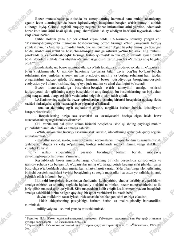 gan boshqaruv tizimi bozor iqtisodiyotiga o‘tib borish bilan yanada takomillashib va rivojlanib boradi. bozor islohotlari bozor infratuzilmasini yaratish chora-tadbirlarini ham qamrab oladi. bunda moliya, bank-kredit tizimi muassasalari, sug‘urta, auditorlik, yuridik va konsalting firmalari hamda kompaniyalarini, birja tizimini yaratish taqozo qilinadi. respublikada bozor infratuzilmasini yaratish bir qator yo‘nalishlar bo‘yicha bordi. birinchi yo‘nalish bo‘yicha tovar-xom ashyo birjasi tizimi rivojlandi. bu, o‘z navbatida, brokerlik va dilerlik idoralari, savdo uylari, vositachi firmalar paydo bo‘lishiga olib keldi. ikkinchi yo‘nalishda kapital bozorining ishini ta’minlaydigan tuzilmalar vujudga keltirildi. kredit resurslari bozori va valyuta bozori vujudga keltirildi hamda davlatga qarashli bo‘lmagan sug‘urta kompaniyalari tuzildi. uchinchi yo‘nalish ishchi kuchi bozorini shakllantirishdan iborat bo‘lib, bu sohada 240 dan ortiq mehnat birjasini o‘z ichiga oluvchi katta tarmoq tuzildi. bozor islohotlari ashqi iqtisodiy aloqalarga ham tegishlidir. bu sohada islohotlarni amalga oshirish borasida respublikaning zamonaviy tashqi iqtisodiy kompleksi mutlaqo yangidan shakllantirildi, tashqi iqtisodiy faoliyatni boshqarishning mohiyat e’tibori bilan yangi mexanizmi vujudga keltirildi. tashqi …