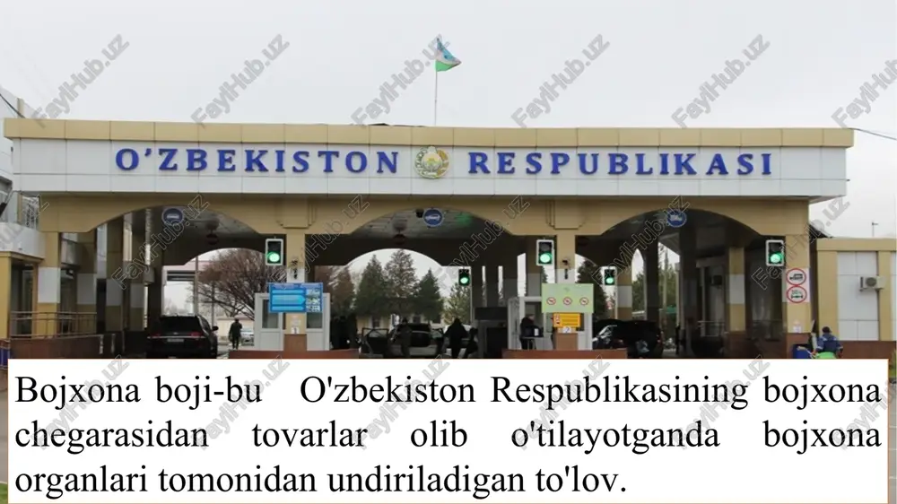 a yuklar, bagaj va yo‘lovchilar tashishni amalga oshiradigan transport vositalariga o‘zbekiston respublikasining milliy valyutasiga, chet el valyutasiga (numizmatika maqsadida ishlatiladigan valyuta bundan mustasno), shuningdek qimmatli qog‘ozlarga; dengizda ov bilan band bo‘lgan o‘zbekiston respublikasi kemalarini hamda o‘zbekiston respublikasi yuridik va jismoniy shaxslari tomonidan ijaraga olingan (fraxt qilingan) kemalarning faoliyatini ta’minlash uchun bojxona hududidan tashqariga olib chiqiladigan moddiy-texnika ta’minoti predmetlariga va anjomlariga, yoqilg‘iga, oziq-ovqatga va boshqa mol-mulkka, shuningdek ularning bojxona hududiga olib kiriladigan ov mahsulotiga; davlat mulkiga aylantirilishi lozim bo‘lgan tovarlarga; o‘zbekiston respublikasi vazirlar mahkamasi tomonidan belgilangan tartibda insonparvarlik yordami sifatida olib kiriladigan tovarlarga; xayriya yordami maqsadlarida, shu jumladan texnik yordam ko‘rsatish (grantlar) uchun olib kiriladigan tovarlarga; uchinchi davlatlar uchun mo‘ljallangan va bojxona nazorati ostida bojxona hududidan bojxona tranziti bojxona rejimida olib o‘tiladigan tovarlarga; xalqaro moliya institutlarining va xorijiy hukumat moliya tashkilotlarining mablag‘lari (qarzlari, kreditlari) hisobidan o‘zbekiston respublikasida amalga oshiriladigan loyihalar doirasida yuridik shaxslar tomonidan olinadigan tovarlarga; chet ellik investorlar, chet ellik …