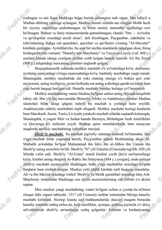 zarda tutardi. murobaha bitimi esa bir savdogar ikkinchisiga biron narsani sotishda oldingi, o'zi olgan narx ustiga shartlangan foyda bilan sotishni ruxsat etgan va shu tariqa sudxo'rlikning oldi olingan. shaxsiy huquq doirasida abu hanifa erkin qizcha vositachisiz turmushga chiqishini ruxsat berdi, biroq keyinchalik hanafiy mazhabi bu huquqni faqat ilgari erga tekkan ayolga kafolatladi. abu hanifa fikricha, balog'at yoshiga yetgan inson mustaqil bo'lib, o'z mulkini o'zi xohlagan tarzda tasarruf etishi mumkindir. uning shogirdlaridan “assohibon”, deb nomlangan abu yusuf va muhammad ibn hasan ash-shayboniylar mazhab ta'sirini o'z asarlari va abbosiylar davlatidagi yuksak maqomlari tufayli keng masofalarga yoyishga erishdilar. abu yusuf (731-798) bag'dodda qozi etib tayinlangan, keyinchalik birinchi qoziu al-quzot (bosh qozi) sifatida xalifalik hududlarida qozilar tayinlash huquqiga ega bo'lgan. uning "kitob al-xaroj" asari xalifa xorun ar-rashid uchun soliqlar to'plash va davlatniyg moliyaviy masalalari bo'yicha qarorlar to'plami vazifasini o'tagan. muhammad ibn al-hasan ash-shayboniy (749-804) hanafiy mazhabining huquqiy nazariyasini yozib qoldirgan allomadir. u hanafiy fiqhi …