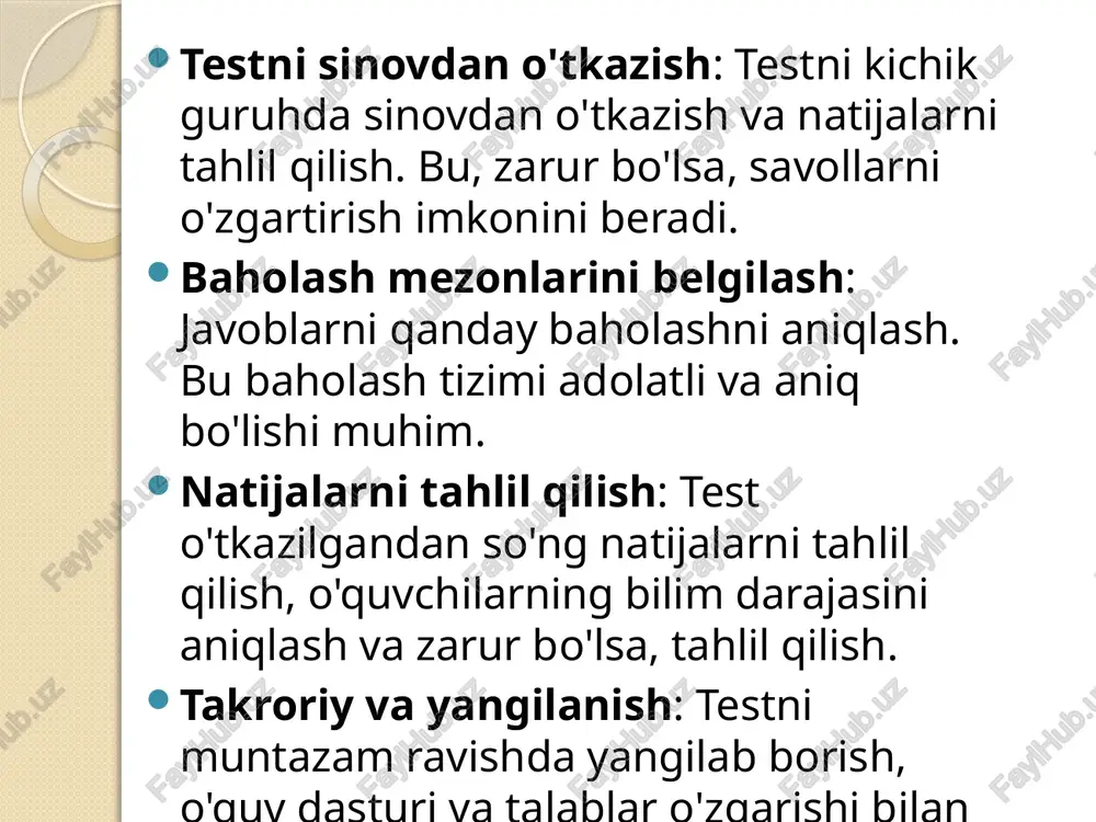 i noto'g'ri aniqlash ehtimoli. miqdoriy xarakteristikasi: normalar: test natijalari uchun belgilangan standart ko'rsatkichlar. ular ma'lum bir guruhda olingan natijalar asosida belgilanadi. o'lchov birligi: test natijalarini miqdoriy tarzda ifodalash imkonini beruvchi birliklar (masalan, ballar). individual-tipologik xususiyatlar klassifikatsiyasi intellektual xususiyatlar: iq testlari kognitiv qobiliyatlar emotsional xususiyatlar: emotsional barqarorlik stressga chidamlilik shaxsiy xususiyatlar: ekstraversiya vs. introversiya o'zini baholash darajasi motivatsion xususiyatlar: muvaffaqiyatga intilish yutuqlarga bo'lgan motivatsiya ijtimoiy xususiyatlar: kommunikativlik guruhda ishlash qobiliyati etiboringiz uchun tashakkur /docprops/thumbnail.jpeg