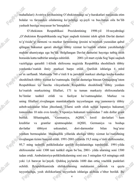 a 51,4 tani tashkil etgan bo’lsa, 1999-yilda bu ko’rsatkich 20,2 taga yoki 2,5 baravarga kamaydi. shu yillarda onalar o’limi har 100 ming tirik bolaga nisbatan 65,3 tadan 31 taga yoki 2,1 marta kamaydi. etim bolalar va farzandsiz oilalar to’g’risida g’amxo’rlik “kinderdorf” (bolalar mahallalari) avstriya loyihasining o’zbekistondagi sa’y-harakatlari natijasida etim bolalar va farzandsiz oilalarning ko’pchiligi uy-joyli va bus-butun oila bo’lib yashash baxtiga muyassar bo’lmoqdalar. o’zbekiston respublikasi prezidentining 1998-yil 10-noyabrdagi „o’zbekiston respublikasida sog’liqni saqlash tizimini isloh qilish davlat dasturi to’g’risida“gi farmoni va mazkur farmonning ijrosini ta’minlash yuzasidan qabul qilingan hukumat qarori aholiga tibbiy xizmat ko’rsatish sifatini yaxshilashda muhim ahamiyatga ega bo’ldi. belgilangan davlat dasturini hayotga tatbiq etish borasida katta tadbirlar amalga oshirildi. 2001-yil mart oyida sog’liqni saqlash vazirligiga qarashli 1-klinik shifoxona negizida respublika shoshilinch tibbiy yordamko’rsatish ilmiy markazi barpo etildi. qurilish ishlariga 4 mlrd so’m sarflandi. markazda 760 o’rinli 8 ta jarrohlik markazi aholiga kecha-kunduz shoshilinch tibbiy xizmat ko’rsatmoqda. davlat dasturiga binoan …