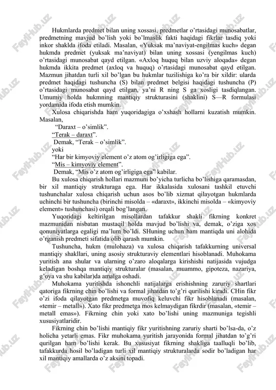 lgan «inson» tushunchasida barcha kishilar bitta mantiqiy sinfga birlashtirilib, ular o’rtasidagi muhim bog’lanishlar (masalan, ijtimoiy munosabatlar) bilib olinadi. 2. tafakkur borliqni nafaqat bevosita, balki bilvosita tarzda ham aks ettira oladi. unda yangi bilimlar tajribaga har safar bevosita murojaat etmasdan, mavjud bilimlarga tayangan holda hosil qilishi mumkin. fikrlash bunda predmet va hodisalar o’rtasidagi aloqadorlikka asoslanadi. masalan, bolaning xulq-atvoriga qarab uning qanday muhitda tarbiya olganligi haqida fikr yuritish mumkin. tafakkurning mazkur xususiyati, ayniqsa, xulosaviy fikr hosil qilishda aniq namoyon bo’ladi. 3. tafakkur insonning ijodiy faoliyatidan iborat. unda bilish jarayoni borliqda real analogiga ega bo’lmagan narsalar – yuqori darajada ideallashgan ob’ektlar (masalan, absolyut qattiq jism, ideal gaz kabi tushunchalar)ni yaratish, turli xil formal sistemalarni qurish bilan kechadi. ular yordamida predmet va hodisalarning eng murakkab xususiyatlarini o’rganish, hodisalarni oldindan ko’rish, bashoratlar qilish imkoniyati vujudga keladi. 4. tafakkur til bilan uzviy aloqada mavjud. fikr ideal hodisadir. u faqat tilda – moddiy hodisada (tovush to’lqinlarida, grafik …