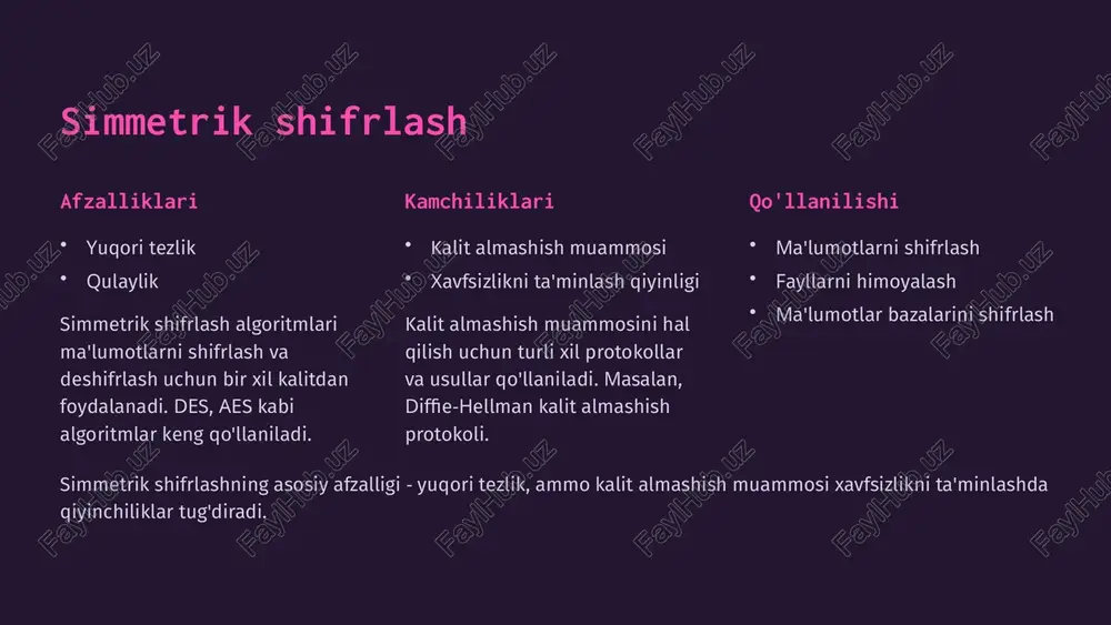 har qanday aralashuv ularning holatini o‘zgartiradi. 🔹 afzalliklari: teoretik jihatdan buzib bo‘lmaydi. maxfiy kalitni uchinchi tomon ko‘rgan bo‘lsa ham, tizim buni darhol aniqlaydi. 🔹 kamchiliklari: juda qimmat va murakkab infratuzilma talab qiladi. keng miqyosda qo‘llash hozircha cheklangan. 2️⃣ blockchain va kriptovalyutalar 🔹 ta’rifi: blockchain — bu markazlashmagan, o‘zgartirib bo‘lmaydigan, raqamli “daftar” bo‘lib, u ma’lumotlarni bloklar shaklida saqlaydi va har bir blok kriptografik tarzda bog‘langan. 🔹 kriptografiyadagi roli: har bir blokda oldingi blokning xesh qiymati saqlanadi. ma’lumotlar kripto algoritmlar bilan shifrlangan. foydalanuvchilar raqamli imzo orqali identifikatsiya qilinadi. 🔹 misollar: bitcoin, ethereum kabi kriptovalyutalar. smart-kontraktlar, moliyaviy tranzaksiyalar, hujjat muhofazasi. xulosa kriptografiyaning ahamiyati axborot xavfsizligini ta'minlashda muhim rol o'ynaydi. kriptografiya ma'lumotlarning maxfiyligi, yaxlitligi va autentifikatsiyasini ta'minlaydi. to'g'ri qo'llash kriptografik usullarni to'g'ri qo'llash zarur. kriptografik usullarni noto'g'ri qo'llash xavfsizlik zaifliklariga olib kelishi mumkin. doimiy o'rganish yangi texnologiyalarni kuzatib borish. kriptografiya sohasi doimiy ravishda rivojlanib boradi, shuning uchun doimiy o'rganish zarur. ushbu taqdimot davomida siz …