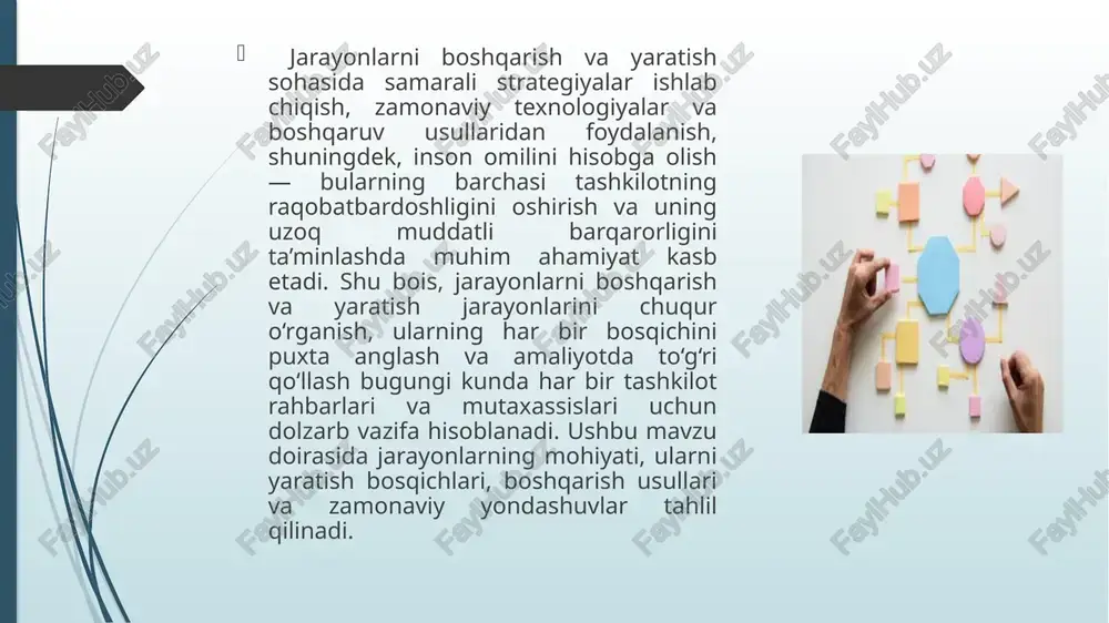 hbu tahlil asosida yangi jarayon yaratish zarurati aniqlanadi, ya’ni qaysi sohada o‘zgarishlar kiritish, yangi jarayonlar yaratish yoki mavjudlarini yaxshilash kerakligi belgilab olinadi. shundan so‘ng, jarayonning amalga oshirilishiga tayyorgarlik ko‘riladi. bu bosqichda kerakli resurslar, ya’ni inson resurslari, moliyaviy mablag‘lar, texnologiyalar va asbob-uskunalar ta’minlanadi. shuningdek, jarayonni boshqarish uchun zarur bo‘lgan hujjatlar, standartlar va ko‘rsatmalar ishlab chiqiladi. xodimlar malakasini oshirish va yangi jarayon bo‘yicha treninglar o‘tkazish ham bu bosqichga kiradi. jarayonni amalga oshirish uchun barcha tayyorgarliklar to‘liq bajarilishi kerak, aks holda jarayonning samaradorligi va natijalari kutilgan darajada bo‘lmasligi mumkin. jarayonni joriy etish bosqichi – bu rejalashtirilgan jarayonni amaliyotga tatbiq etish, unga rioya qilish va monitoring qilishni o‘z ichiga oladi. ushbu bosqichda jarayonning real sharoitda qanday ishlashi, uning samaradorligi va muammolari aniqlanadi. joriy etish davomida yuzaga kelgan qiyinchiliklar va kamchiliklar belgilab olinib, ularga tezkor yechim topishga harakat qilinadi. bu bosqich jarayonni sinovdan o‘tkazish imkonini beradi, shuningdek, uning tashkilot ichidagi boshqa jarayonlar bilan qanday o‘zaro …