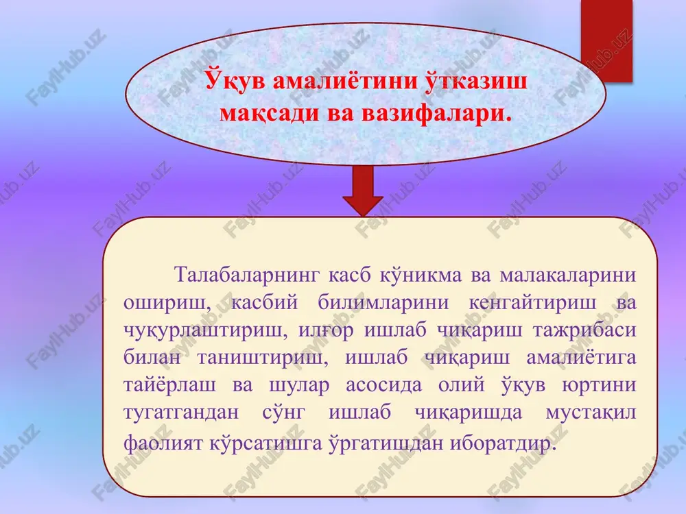 jarishda tizimli va ijobiy yondashish; ishlab chiqilgan echim, loyixa yoki g'oyani asoslash, mutaxassislar jamoasida ximoya qilish va boshqalar. mustaqil ishni tashkil etishning muxim xususiyati, uni talabaning o'zi tashkil qiladi . muvaffaqiyatga erishish uchun uning o'zi sabr toqat bilan, mashaqqatlardan qo'rqmay o'z ustida ishlashi kerak. mustaqil ishlash jarayonida bilimlarni egallash bilan birga, ko'nikmalarni shakllantirish xam mustaqil amalga oshiriladi. talabalar mustaqil ishlash vaqtini xam mustaqil ravishda o'zlari belgilaydi, yani uni bajarish vaqtini talabaning o'zi imkoniyatidan kelib chiqib belgilaydi. mustaqil ishni tashkil qilishning xususiyatlari va tamoyillari. mustaqil ishni bajarish uchun talaba o'zini-o'zi majbur qilishi kerak. bunda xam sub'ektiv omil asosiy o'rinda turadi. uning muntazamliligi, yani doimiy, uzluksiz ravishda amalga oshirishdir. talaba auditoriyada olgan bilimini mustaxkamlash, shu bilan birga navbatdagi yangi mavzuni puxta o'zlashtirish uchun xar kuni mustaqil ravishda tayyorgarlik ko'rishi kerak. mustaqil ishlarni bajarish muddati jixatidan xoxlagancha davom etishi mumkin emasligi. tajriba shuni ko'rsatadiki, 17-25 yosh darajasida mexnatni ratsional tashkil etganda 1 sutkada …