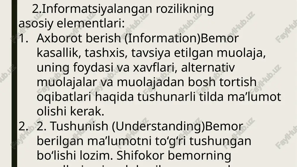 di.- --4. shifokorning harakati qanday bo‘ladi? bemorni zudlik bilan tibbiy yordam bilan ta’minlaydi.hujjatda holatning favqulodda ekani va rozilik ololmagani qayd etiladi.agar keyinchalik bemorning yaqinlari yoki qonuniy vakillari topilsa, ular darhol xabardor qilinadi. ---5. agar bemor hushiga kelgach: shifokor uni bo‘lib o‘tgan muolajalar haqida xabardor qiladi.keyingi har qanday muolaja uchun albatta informatsiyalangan rozilik olinadi. xulosa: tibbiy muolajalarga rozilik tibbiy muolajalarga rozilik — bu bemorning sog‘lig‘i bilan bog‘liq har qanday aralashuv oldidan unga to‘liq, aniq va tushunarli ma’lumot berilgach, ixtiyoriy ravishda rozilik berishi jarayonidir. bu jarayon bioetikaning asosiy tamoyillari — avtonomiya, yaxshilik qilish, zarar yetkazmaslik va adolat bilan bevosita bog‘liqdir.bemor:qanday tashxis qo‘yilganini,qanday davolash yoki tekshiruv rejalashtirilayotganini,muolajaning foydasi, xavfi va muqobil variantlarini,shuningdek, rad etish oqibatlarini tushunishi kerak.rozilik og‘zaki yoki yozma bo‘lishi mumkin, muolajaga bog‘liq holda. xavfli muolajalar uchun yozma rozilik muhimdir.favqulodda holatlarda, bemor hushsiz bo‘lsa yoki rozilik olishning iloji bo‘lmasa, shifokor bemorning hayotini saqlab qolish maqsadida roziliksiz ham muolajani amalga oshirishga haqli.shunday qilib, …