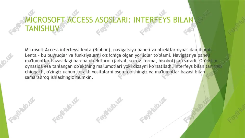 adval yoki so'rovdagi ma'lumotlar. sahifa pastki qismi (footer) - sahifa raqami, sana va vaqt kabi ma'lumotlar. guruh sarlavhasi/pastki qismi (group header/footer) - ma'lumotlarni guruhlash uchun. elementlarni hisobot dizayniga mos ravishda joylashtiring va ularning xususiyatlarini sozlashingiz mumkin. accessda ma'lumotlar bazasini loyihalash prinsiplari ma'lumotlar bazasini loyihalashda quyidagi prinsiplarga amal qilish muhim: ma'lumotlar takrorlanishini minimallashtirish (normalization). ma'lumotlar bazasining yaxlitligini ta'minlash (data integrity). jadvallar o'rtasida munosabatlar o'rnatish (relationships). indekslardan foydalanish (indexes). ma'lumotlar bazasini rejalashtirish va loyihalash jarayoni uning samaradorligini va ishonchliligini ta'minlaydi. microsoft access-ni o'rganish bo'yicha maslahatlar va resurslar microsoft access-ni o'rganishni boshlaganingizda, undan foydalanish bo'yicha ko'plab onlayn resurslar, darsliklar va videodarslar mavjud. microsoftning rasmiy sayti, youtube kanallari va turli xil forumlardan foydalaning. amaliyot uchun oddiy ma'lumotlar bazalarini yaratish va sinovdan o'tkazish orqali ko'nikmalaringizni rivojlantiring. doimiy ravishda o'rganish va yangi funksiyalarni sinab ko'rish sizga access sohasida mutaxassis bo'lishga yordam beradi. xulosa: microsoft access bilan muvaffaqiyatga erishing! microsoft access - bu ma'lumotlarni boshqarish uchun kuchli …