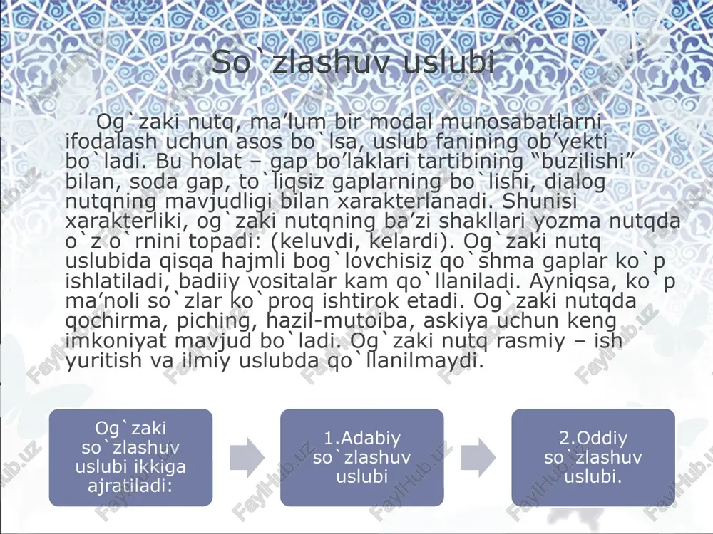tkir va ta’sirchan notiqlik, mantiqiy salobat, tashviqot va targ`ibot kabi xususiyatlar mavjud bo`ladi. 13 badiiy uslub badiiy nutq uslubi inson amaliy faoliyati va hayotining hamma tomonlarini qamrab olishi: umumga taalluqligi, barcha barobarligi bilan xarakterlanadi. badiiy nutq uslubi juda xilma-xil ko`rinishlarda namoyon bo`ladi. bu uslub muallifga asarning estetik ta’sirini kuchaytirish uchun tilning barcha leksik va grammatik vositalaridan ustalik bilan foydalanish, tanlash, shuningdek, yangidan-yangi, ifoda vositalari yaratish imkonini beradi. badiiy nutq uslubida til obraz, xarakter va manzaralar yaratish vositasi bo`lib xizmat qiladi. bu uslub o`zining obrazliligi bilan adabiy boshqa funktsional uslublaridan ajralib turadi. adabiyotlar barkamol avlod orzusi. t., “sharq”, 1999. i.a.karimov. milliy istiqlol mafkurasi – xalq e’tiqodi va buyuk kelajakka ishonchdir. t., “o`zbekiston”, 2000. r.qo`ng`urov va b. nutq madaniyati va uslubiyot asoslari. t., “o`qituvchi”, 1992. a.g`ulomov, b.qobilova. nutq o`stirish mashg`ulotlari. t., “o`qituvchi”, 1995. g`.abduraxmonov, s.mamajonov. o`zbek tili va adabiyoti. t., “o`qituvchi”, 1995. image2.jpeg image3.jpeg image4.jpeg image5.jpeg image6.jpeg image7.jpeg image8.jpeg image9.jpeg image10.jpeg image11.jpeg …