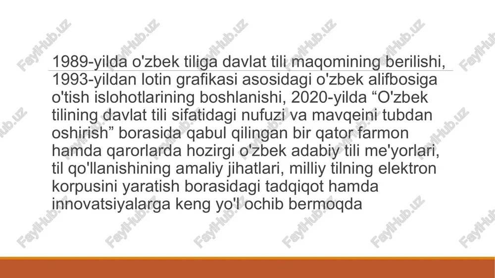 asarlar yoziladigan til degan xulosaga urg'u berdi. turkiy tilning fors tili bilan teng huquqliligi uchun kurash g'oyasi alishernavoiy va uning zamondoshlari asarlarida o'z ifodasini topdi navoiyning izdoshlaridan biri zahiriddin muhammad bobur hisoblanadi. bobur shoh va shoir bo'lish bilan birga o'z asarlari orqali tilshunoslikka katta hissa qo'shdi. bobur tilshunoslikka oid maxsus asar yozmagan bo'lsa ham, o'zining qomusiy asari “boburnoma”da tilshunoslikka oid qimmatli ma'lumotlar mavjud. “boburnoma” xv asr oxiri va xvi asr boshlaridagi tarixiy va avtobiografik voqealarni aks ettirish bilan birga, o'sha davrdagi o'zbek tili ahvolini o'rganish uchun ham muhim manbadir.alisher navoiy va bobur an'nanalarini o'tgan asrda ijod etgan abdurauf fitrat davom ettirib “tilimiz”, “arab alifbosining tarixi”, “imlo konferensiyasi munosabati ila”, “muqaddimat ul-adab”, “eng eski turk adabiyoti namunalari” kabi asarlarni yaratdi. olimning “sarf” va “nahv” asarlari o'tgan asr o'zbek tilshunosligi fanining noyob namunalari va o'tmishdagi o'lmas manbalar bilan hozirgi o'zbek tilshunosligi fani o'rtasidagi mustahkam ko'prik vazifasini bajardi. hozirgi o'zbek tilshunosligi fani asrimizning …