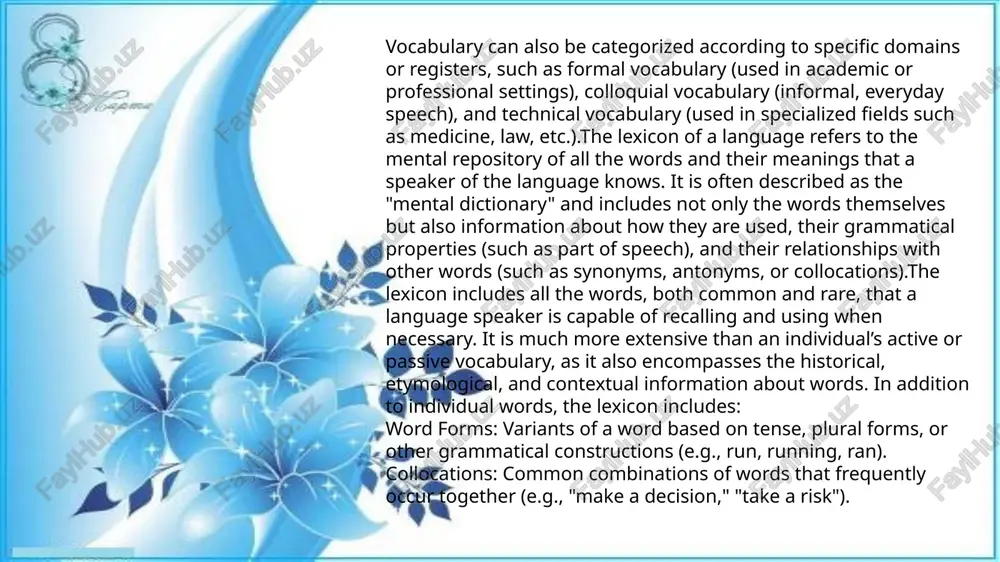 to how words function within the framework of syntax (sentence structure). this classification helps explain the rules that govern sentence construction, the relationships between different parts of speech, and how these parts combine to create meaning.for example, knowing that a verb can express actions, states, or occurrences (e.g., "run," "be," "seem") allows linguists to understand how verbs behave in various syntactic contexts, such as forming questions, negations, or compound sentences. vocabulary classification of different parts of speech also aids in understanding how word order and agreement work in a language, both of which are essential for sentence construction.one of the most significant practical applications of vocabulary classification is in lexicography, the practice of compiling dictionaries. a dictionary is essentially a classified list of words, with each word defined according to its meaning, part of speech, and usage. without a system of classification, it would be difficult toorganize words effectively or …