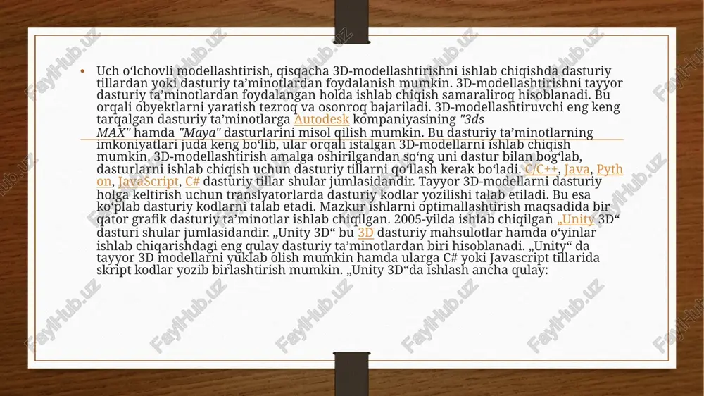 ya va rigging bilan tanishib, keyinchalik murakkab sahnalar va realistik modellar ustida ishlash darajasiga yetishishlari mumkin. 3d modellash va animatsiyani o‘rganish sabr, izlanish va ko‘p mashq qilishni talab qiladi. ammo to‘g‘ri yondashuv, yaxshi reja va amaliy ishlar yordamida bu sohaga kirib kelish va o‘z loyihalaringizni yaratish mutlaqo mumkin. e’tiboriz uchun rahmat image7.png image8.png image9.png image10.png image11.jpeg image12.png image3.png image4.png /docprops/thumbnail.jpeg