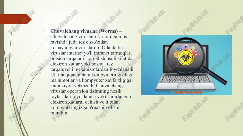 urilmaning haqiqiy ekanligini tekshirish muolajasi. bu tekshirish foydalanuvchi (jarayon yoki qurilma) haqiqatan aynan o’zi ekanligiga ishonch xosil qilishiga imkon beradi. autentifikatsiya o’tqazishda tekshiruvchi taraf tekshiriluvchi tarafning xaqiqiy ekanligiga ishonch hosil qilishi bilan bir qatorda tekshiriluvchi taraf ham axborot almashinuv jarayonida faol qatnashadi. odatda foydalanuvchi tizimga o’z xususidagi noyob, boshqalarga ma’lum bo’lmagan axborotni (masalan, parol yoki sertifikat) kiritishi orqali identifikatsiyani tasdiqlaydi. e’tiboringiz uchun tashakkur! image1.jpeg image2.jpeg image3.jpeg image4.jpeg image5.jpeg image6.jpeg