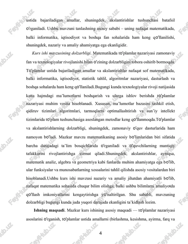 lar tomonidan chuqur o’rganilgan. ushbu mavzu o’rta maktab, akademik litsey, kasb-hunar kolleji hamda oliy ta’lim muassasalarining matematik analiz, algebra va geometriya fanlarida keng yoritilgan.mavzuni o’rganishda quyidagi yirik matematik olimlarning ishlari asos bo’lib xizmat qilgan:georg kantor – to’plamlar nazariyasining asoschisi. u to’plam tushunchasi va cheksizlik darajalari haqidagi qarashlarni ishlab chiqqan. david hilbert, ernst zermelo, abraham fraenkel – zamonaviy aksiomatik to’plamlar nazariyasini rivojlantirgan.evklid, descartes, fermat va boshqa klassik matematiklar — geometrik akslantirishlar va ularning xossalarini o’rganishda muhim hissa qo’shgan.bugungi kunda:to’plamlar ustida amallar va akslantirishlar tushunchasi maktab geometriyasidan tortib kompyuter grafikasi, algoritmlar, ma’lumotlar bazasi, mantiqiy dasturlash kabi ko’plab sohalarda keng qo’llanilmoqda.ushbu mavzu bo’yicha ko’plab darsliklar, ilmiy maqolalar va o’quv qo’llanmalari yaratilgan, masalan:a. a. samig’in – matematika asoslari;vilenkin n. ya. – to’plamlar nazariyasi kirish;maktab va otmlar uchun algebra va geometriya darsliklari. kurs ishining vazifalari mazkur kurs ishini bajarishda quyidagi asosiy vazifalar belgilab olindi: 1. to’plamlar nazariyasining asosiy tushunchalarini o’rganish — to’plam, uning elementi, bo’sh …