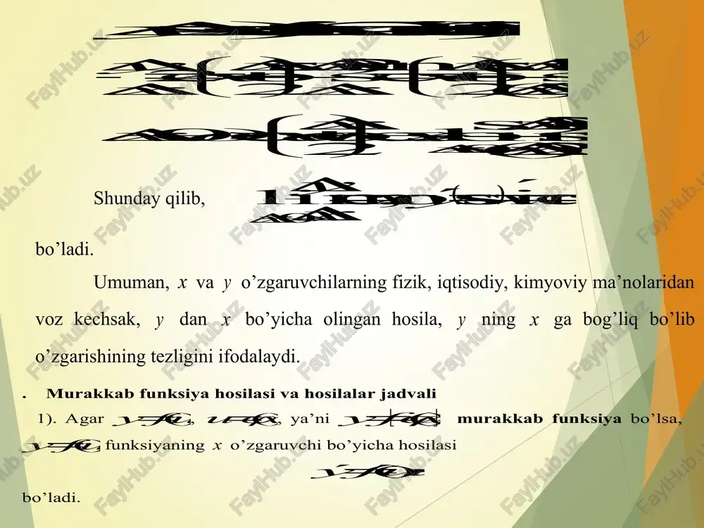 asi o’rniga uning differensialini olib qancha xatoga yo’l qo’yilganini baholaymiz: buning uchun haqiqiy orttirm ani topamiz, . 012003 . 0 000001 . 0 3 001 . 0 2 6 ) ( 3 6 7 3 7 ) ( 3 6 3 ) 7 3 ( 7 ) ( 3 ) ( ) ( ) ( 2 0 2 0 2 0 2 0 2 0 2 0 0 0 0                                x x x x x x x x x x x x f x x f x f demak, absalyut xato . 000003 . 0 012 . 0 012003 . 0      dy y nisbiy xato 00025 . 0 012 . 0 000003 . 0 …