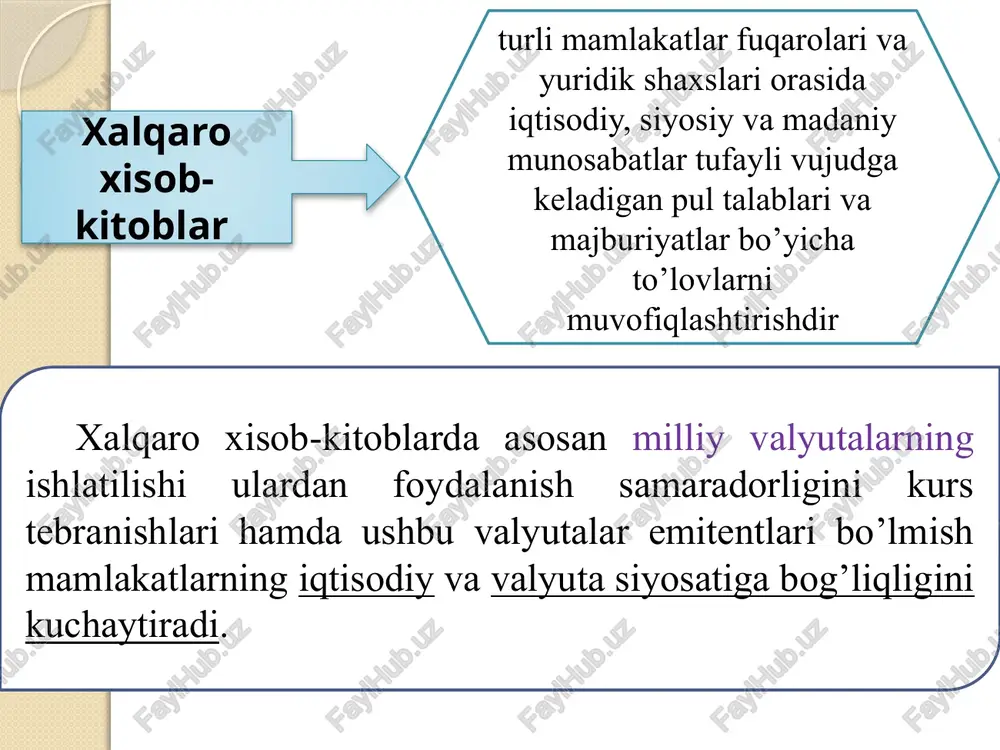 bank tomonidan importyordan unga jo’natilgan tovarlar va ko’rsatilgan xizmatlar uchun to’lovning olinishi hamda ushbu mablag’larni eksportyorning bankdagi xisobvarag’iga olgan xoldagi bank operatsiyasidir. moliyaviy notijorat asosida(chek, veksel) moliyaviy tijorat asosida (xisob raqamlar, sug'urta,transport xujjatlari inkasso sof (chistiy) xujjatlashtirilgan (dokumentarniy) inkasso xisob-kitob shaklida quyidagi taraflar ishtirok etadi: 1)ishonib topshirayotgan shaxs – mijoz, o’z bankiga inkasso operatsiyasini amalga oshirishga topshiriq beruvchi shaxs; 2)inkassalash bo’yicha operatsiya o’tkazishni remitent-bankka ishonib topshiruvchi shaxs; 3)valyuta mablag’larini oluvchi hamda inkassalash bo’yicha operatsiyani amalga oshiruvchi bank; 4)to’lovchi bo’lmish importyorga xujjatlarni taqdim etib, eksportyor nomidan chiquvchi bank; 5)to’lovni to’lovchi. 1.eksportyor importyor bilan tovarlarni dokumentar inkasso xisob-kitob shartlari asosida sotish to’g’risida shartnoma tuzadi va unga tovarlarni jo’natadi (1a). 2.eksportyor o’z bankiga inkasso-topshiriqnomasi va tijorat xujjatlarini yo’llaydi. 3.eksportyor banki olgan ushbu inkasso-topshiriqnomasi va tijorat xujjatlarini importyor nomidan chiquvchi bankka (importyor bankiga) jo’natadi. 4.importyor nomidan chiquvchi bank mazkur xujjatlarni importyorga taqdim etadi. 5. importyor xujjatlarga qarata inkassalash operatsiyasini amalga oshiruvchi bankka (yoki o’zining …