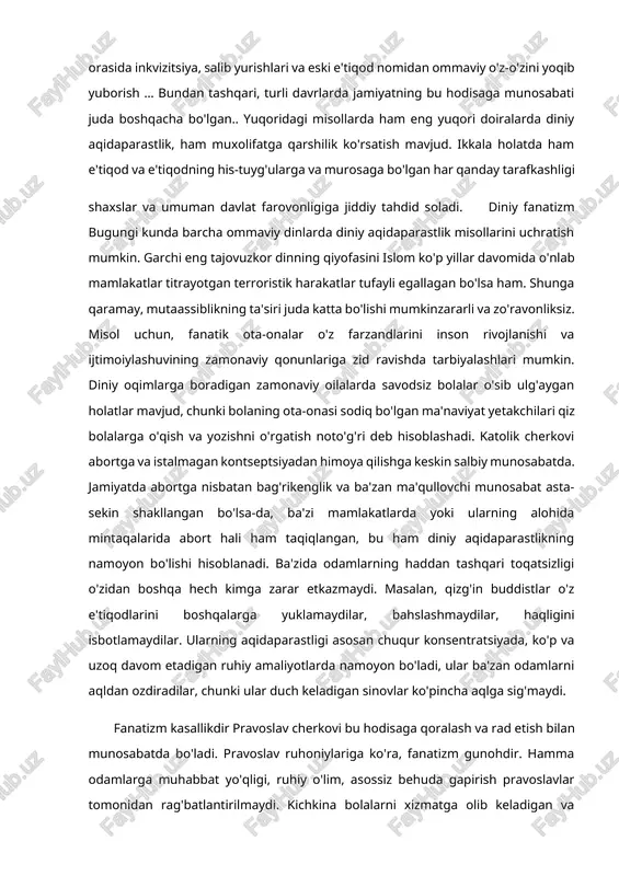 analariga sodiqlik bo'lib, u nuqtai nazari boshqacha bo'lganlarga nisbatan murosasiz, ko'pincha tajovuzkor munosabat bilan uyg'unlashadi. insoniyat o'zining birinchi dinini qabul qilgan paytdan boshlab va hozirgi kungacha bir xil tendentsiya kuzatilmoqda - u yoki bu ruhiy oqim tarafdorlari ertami-kechmi uning postulatlarini shubhasiz haqiqat darajasiga ko'taradilar. aksariyat dinlar juda o'xshash haqiqatlarga ega bo'lishiga qaramay, fanatik deb ataladiganlar nafaqat ularga sodiq qolishadi, balki ularni monopoliyaga aylantirishga va imkon qadar ko'proq odamlarga majburlashga harakat qilishadi. jahon tarixi diniy aqidaparastlikning ko'plab misollarini biladi, ular orasida inkvizitsiya, salib yurishlari va eski e'tiqod nomidan ommaviy o'z-o'zini yoqib yuborish … bundan tashqari, turli davrlarda jamiyatning bu hodisaga munosabati juda boshqacha bo'lgan.. yuqoridagi misollarda ham eng yuqori doiralarda diniy aqidaparastlik, ham muxolifatga qarshilik ko'rsatish mavjud. ikkala holatda ham e'tiqod va e'tiqodning his-tuyg'ularga va murosaga bo'lgan har qanday tarafkashligi shaxslar va umuman davlat farovonligiga jiddiy tahdid soladi.diniy fanatizm bugungi kunda barcha ommaviy dinlarda diniy aqidaparastlik misollarini uchratish mumkin. garchi eng …