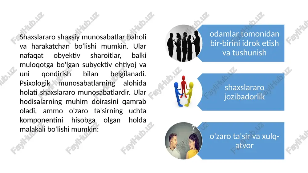 shaxslararo munosabatlar va ierarxiyani o'rganish usuli sifatida tushuniladi. usul guruhdagi shaxsning haqiqiy holati, hozirgi vaqtda guruh a'zolari o'rtasidagi psixologik muvofiqlik va bo'ysunishning mavjud tuzilishi haqida ma'lumot olish imkonini beradi. shaxslararo munosabatlar murakkab tuzilishga ega, ular shaxsni tashkil etishning turli darajalariga kiradi. shu sababli, bittadan, hatto yaxshi ishlab chiqilgan testdan foydalanib, inson munosabatlarini to'liq ochib berishi dargumon. shaxsning shaxslararo munosabatlarini diagnostika qilish uchun tizimli testlar batareyasini yaratishga urinishlardan biri t. liri va uning hamkorlari tomonidan qilingan. yetakchilikka moyillik - obro'lilik - despotizm o'ziga ishonch - narsisizm talabchanlik – murosasizlik – shafqatsizlik ishonchlilik - itoatkorlik - qaramlik muloyimlik - yumshoqlik - passiv itoatkorlik skeptitsizm – qaysarlik – negativizm mehribonlik - mustaqillikning yo'qligi - haddan tashqari konformizm sezgirlik - befarqlik - qurbonlik u to'rt darajadagi shaxsdagi shaxslararo munosabatlarni diagnostika qilishning uchta usulini o'z ichiga oladi. barcha o'lchovlarning natijalari diskogramma deb ataladigan - sakkizta psixologik tendensiyadan (oktant) tashkil topgan doiraga tarjima qilinadi. ular shaxslararo …
