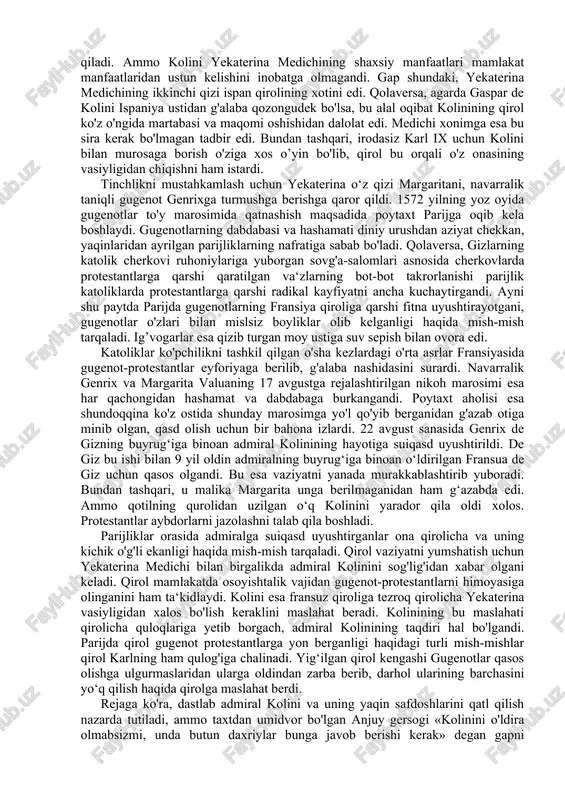 r va bunday ishlar nasroniylikka zidligini alohida e‘tirof etishardi. fransisk i mamlakatda protestantlarning chiqarayotgan satiralarini ta‘qiqlab, ularning jamoat joylarda, ibodatxonalarda o'z diniy marosimlarini o'tkazishini ta‘qiqlab qo'yadi, ammo protestantlar o'z targ'ibotini kengaytirishdan qaytay demasdi. fransiyada diniy nizolar avj olar va bu yaqin orada katta bir qirg'inbarot jang bo'lishidan darak berardi. mamlakatdagi diniy nizolar o'n yillab tinchimasdi. bu esa fransiyani diniy motivlar asosida kelib chiqadigan fuqarolar urushi yoqasiga olib keladi. tarixga nazar solsak, 1562 va 1572 yillar orasida fransiyada uchta eng yirik jang sodir bo'lgan. fransiyaning shimoli va sharqida asosiy jamoani tashkil qilgan katoliklar gugenotlar deb nom olgan protestant kalvinistlari bilan jangni avjiga chiqaradi. protestantlar, asosan, uchinchi tabaqa sanalmish burjuaziya, hunarmadlar va janubiy hamda g'arbiy viloyatlardagi aslzodalar vakillaridan iborat edi. mazkur toifa fransiyadagi qirollik tuzumi siyosatidan norozi qatlam edi. katoliklarga bosh bo'lgan genrix de giz va uning yaqinlari, protestantlarga homiylik qilayotgan navarra qiroli antuan burbon ham fransiyada qirol hokimiyatini cheklashga intilardi. antuan …