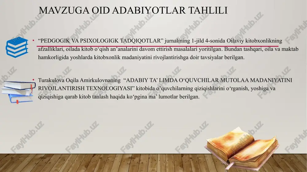 rga qiziqarli kitoblar va asarlar haqida taqdimotlar oʻtkazish va o’qib chiqishni tavsiya qilishadi. kitobga qiziqtiruvchi ta’ sirchan chelenjlar tashkil qilib maktab ijtimoiy tarmoqlariga joylab borish. xulosa yosh avlodning ma’ naviy ehtiyojini qondirish uchun ularga kitob tanlashni, uni oʻqishni, tahlil qilishni muntazam oʻrgatib borish kerak. ota-onalarga oila davrasida kitob oʻqish odatini shakillantirish va farzandlariga oʻrnak boʻlishini oʻrgatishimiz orqali jamiyatda kitobxonlik madaniyati rivojlanadi oʻquvchilarning yoshiga va qiziqishiga qarab kitob tanlash orqali ularning kitobga qiziqishi yanada ortadi va kitobga, jamiyatga, vatanga boʻlgan muhabbat tuygʻusi rivojlanadi. chora-tadbir t/r muammo muammoning yechimini amalga oshirish mexanizmi mas’ ullar muddati natija oʻquvchilarning yoshiga va qiziqishiga qarb kitob tanlash soʻrovnomalar oʻtkazish maktab direktori. mmibdoʻ, psixolog, ona tili va adabiyoti fan oʻqituvchilari noyabr, aprel oylarida oʻquvchilarda kitobga qizishni shakillantiradi, mustaqil fikrlash koʻnikmasini rivojlantiradi. 2. ota-onalar bilan hamkorlik. ota-onalarga oila davrasida kitob oʻqishning ahamiyati va fodalari haqida ma’ lumot berish va targʻibot tadbirlarini oʻtkazish. maktab direktori. mmibdoʻ. ona tili va …